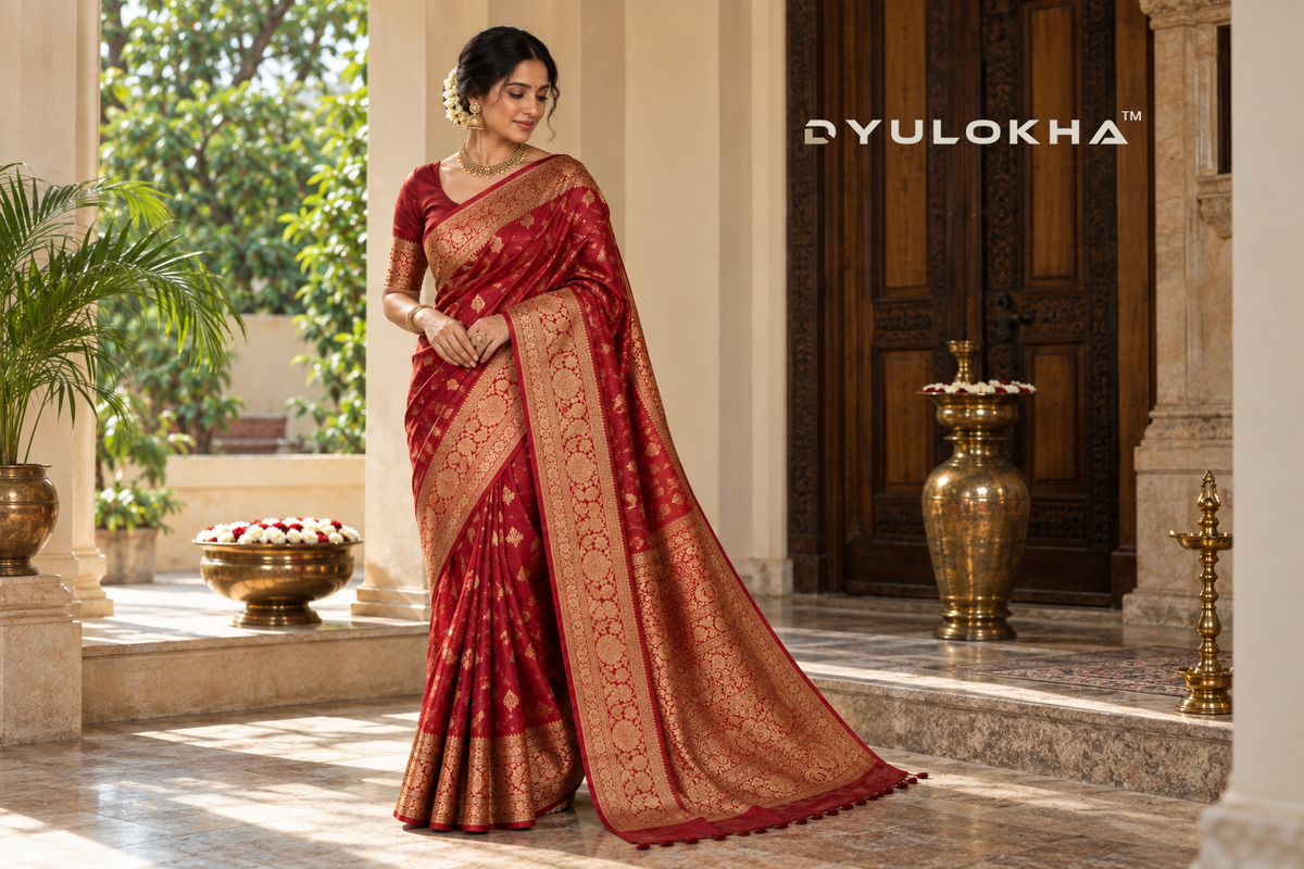 Traditional Banarasi silk saree with pure zari work in deep red bridal shade