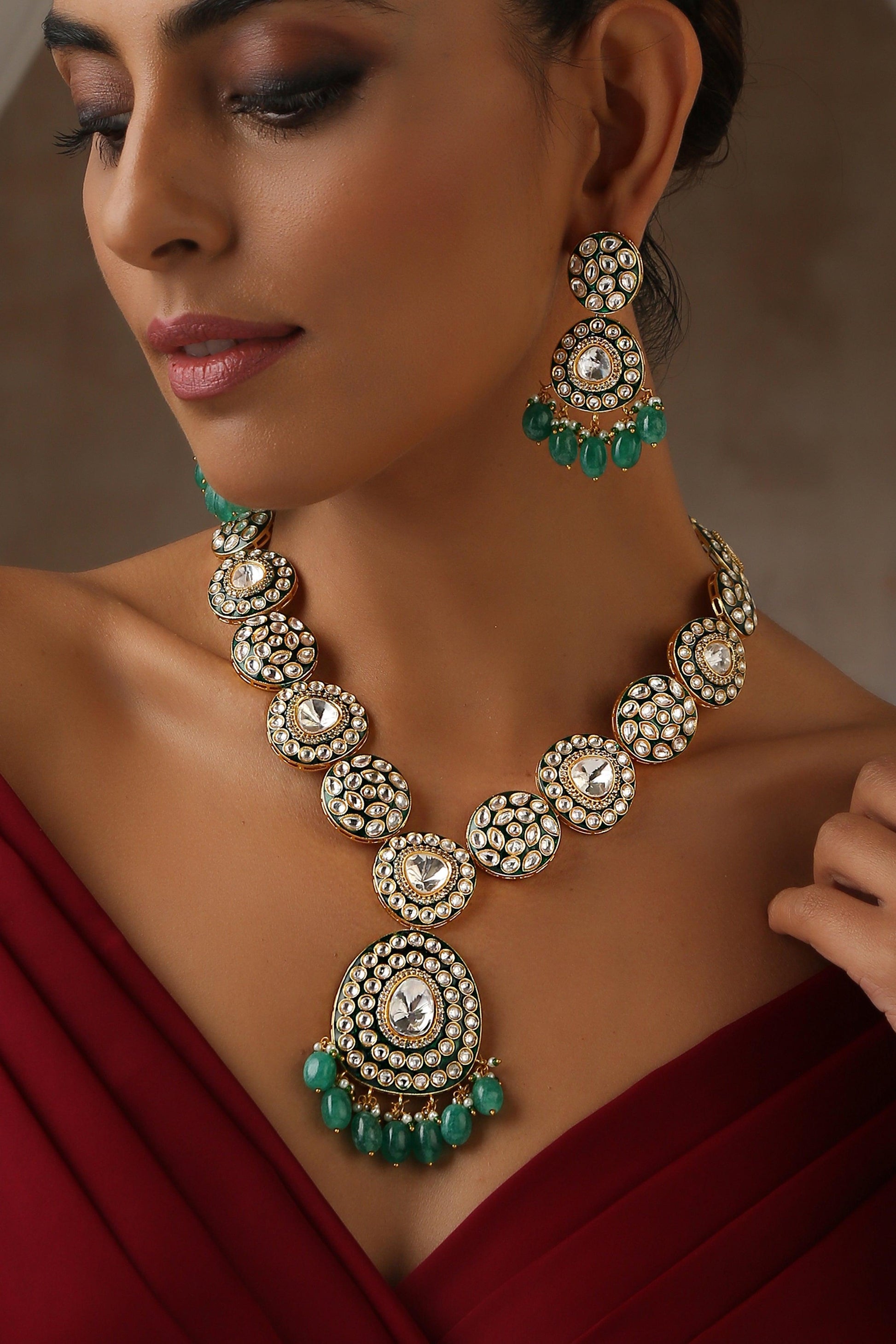 Emerald Moissanite Long Necklace Set - Dyulokha