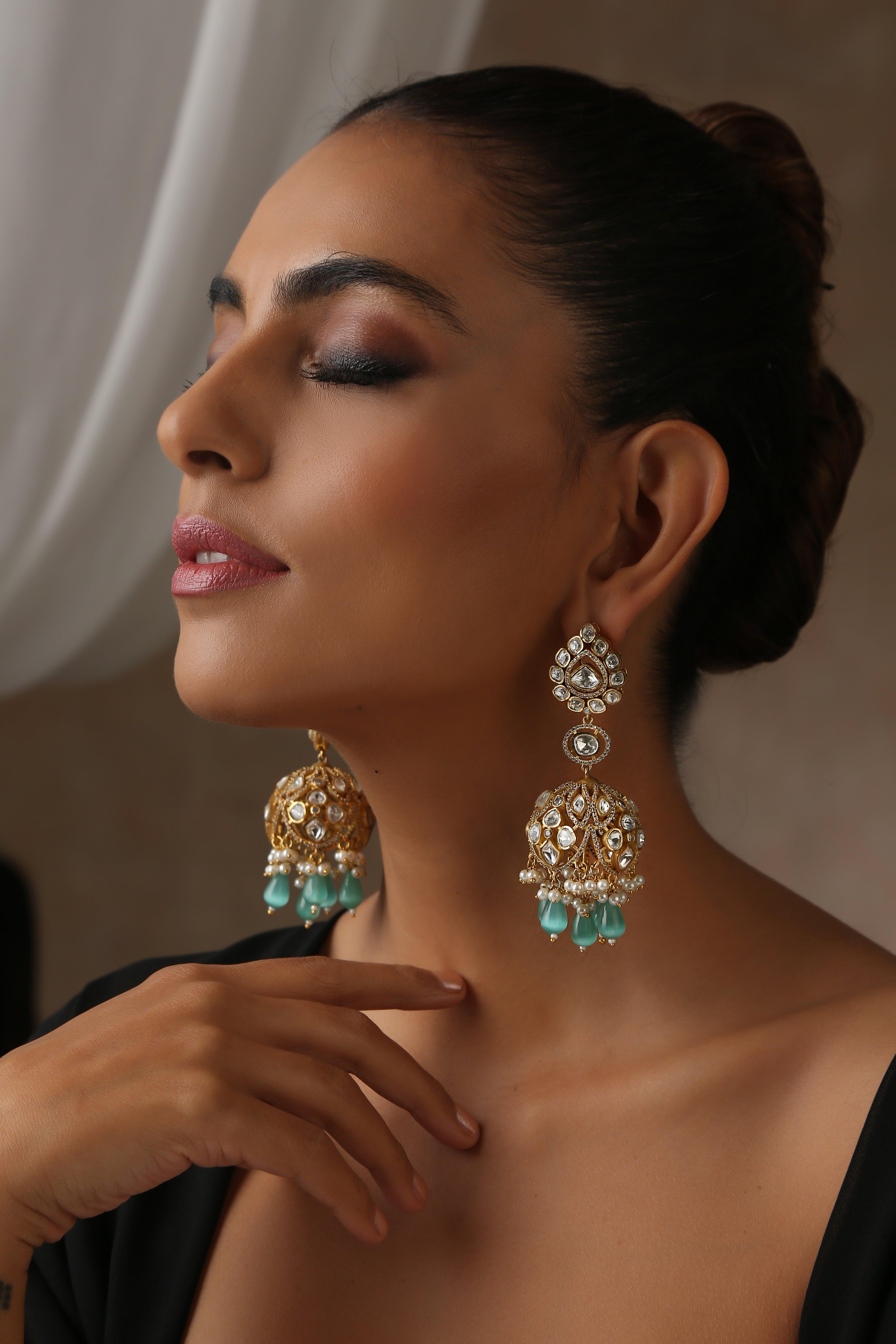 Minty Sparkle Jhumka Earrings - Dyulokha