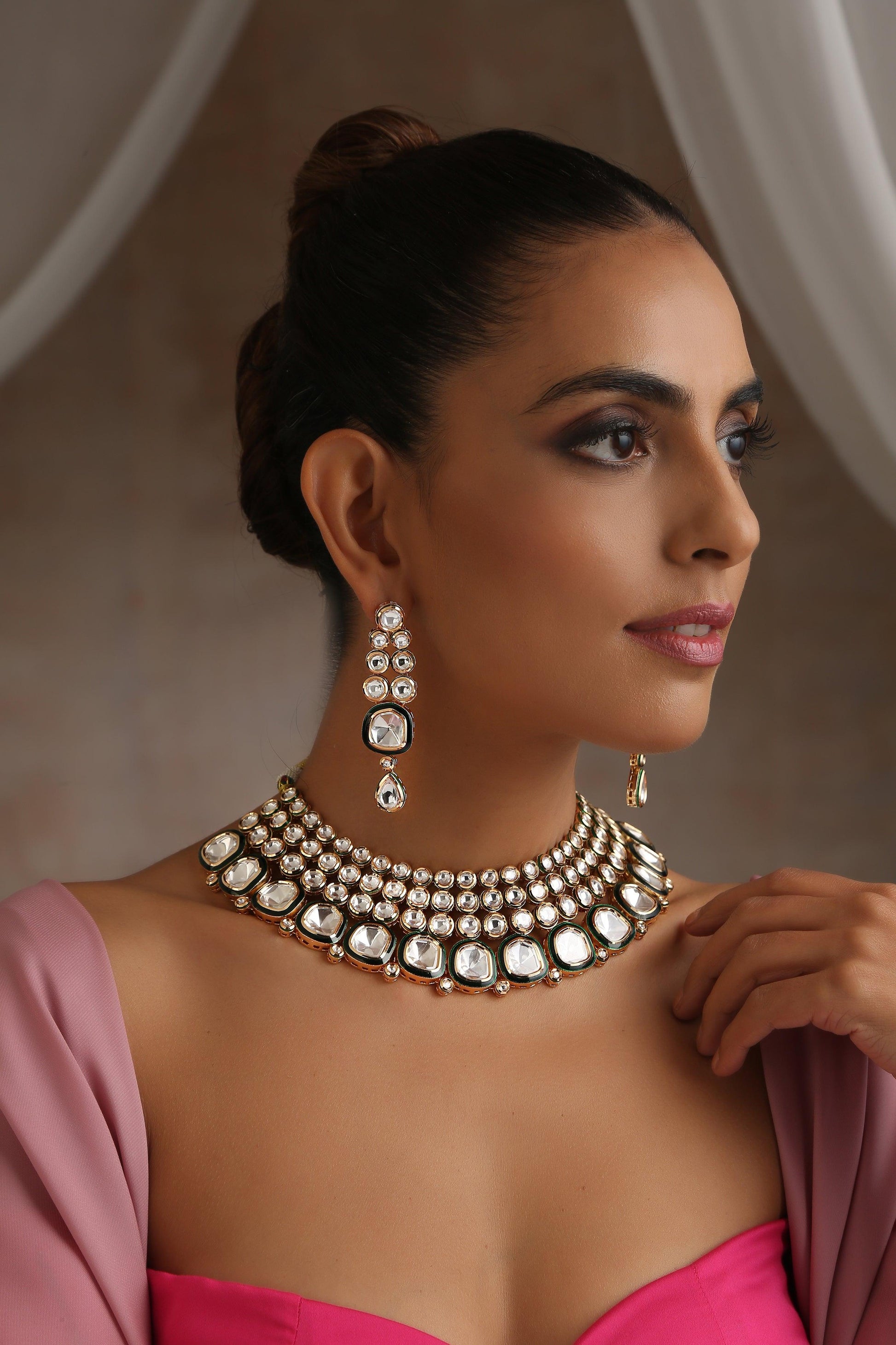 Golden Sparkle Moissanite Polki Necklace Set - Dyulokha