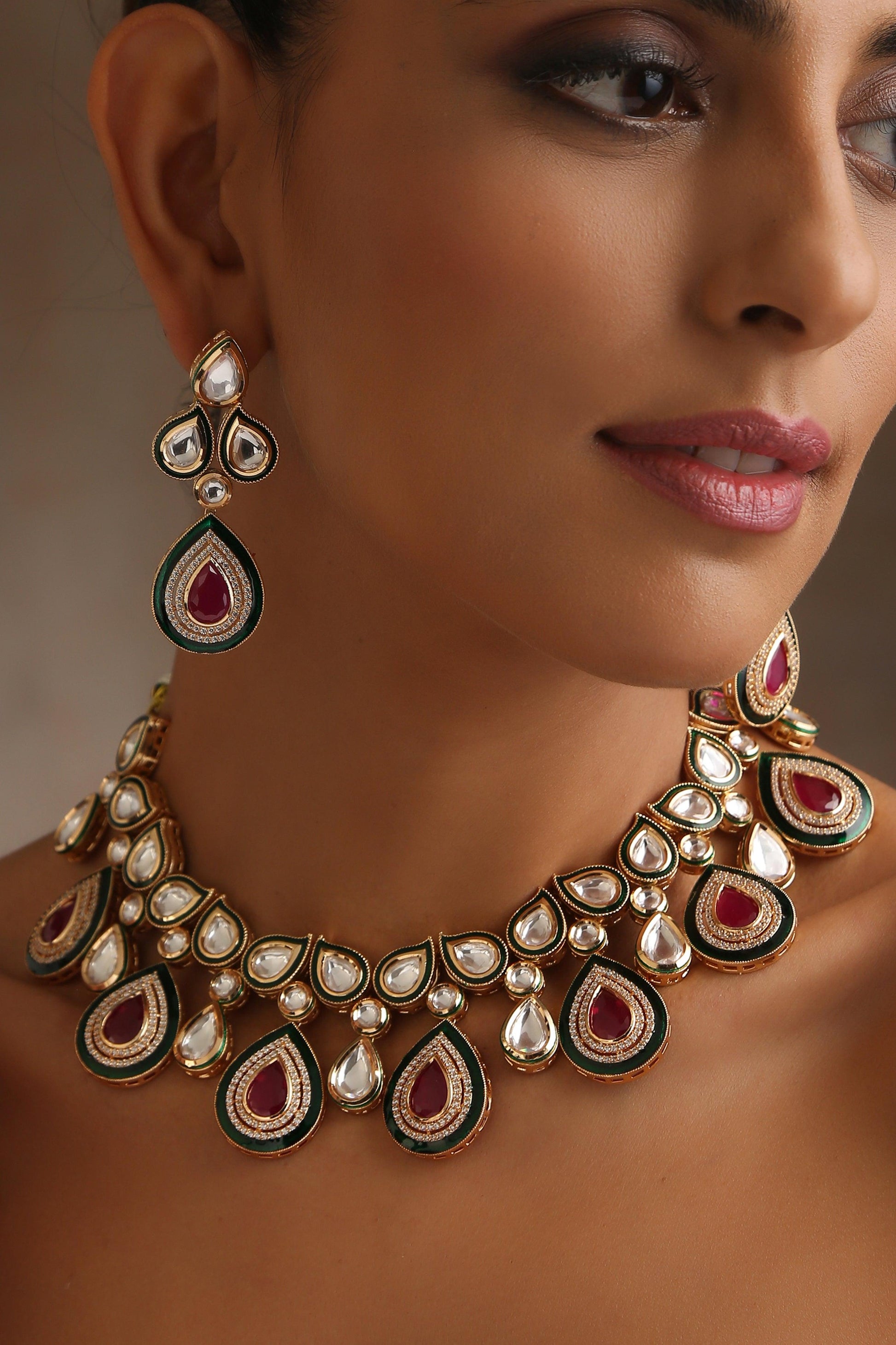 Crimson Charm Polki Necklace Set - Dyulokha
