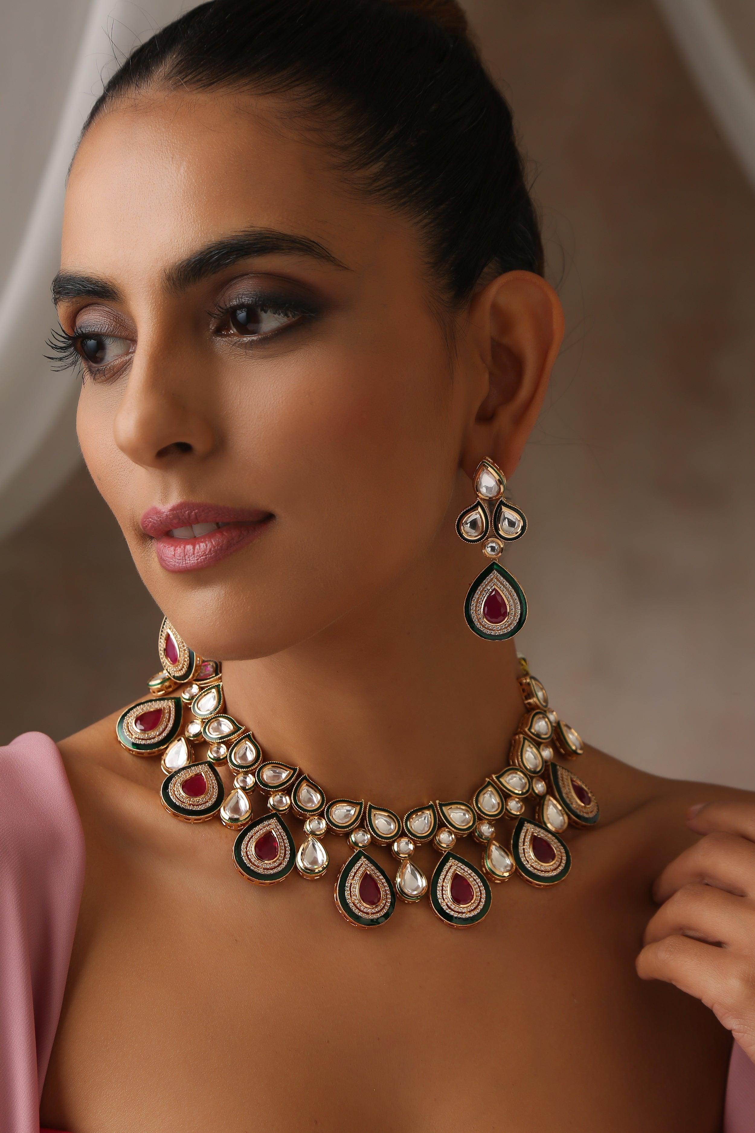 Crimson Charm Polki Necklace Set - Dyulokha