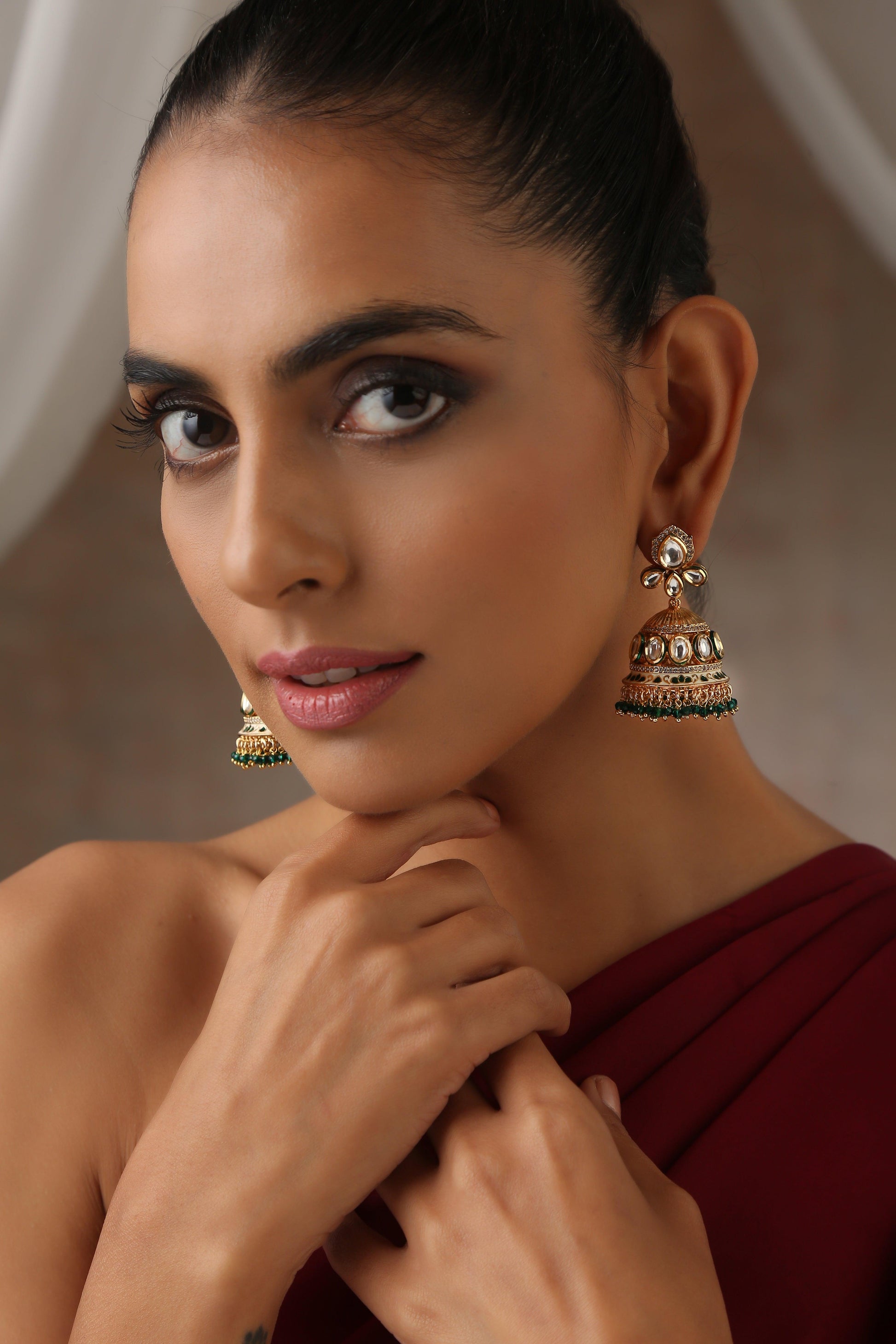 Emerald Gleam Polki Jhumka Earrings - Dyulokha