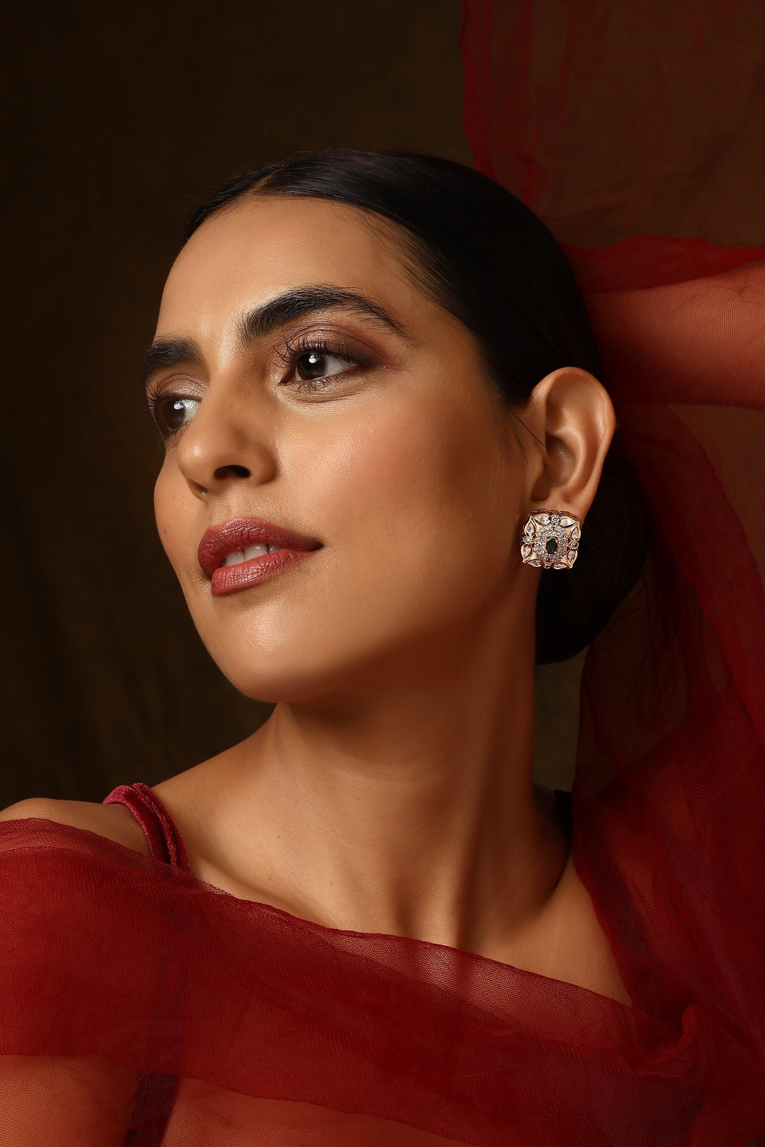 Verdant Glamour Polki Stud Earrings - Dyulokha