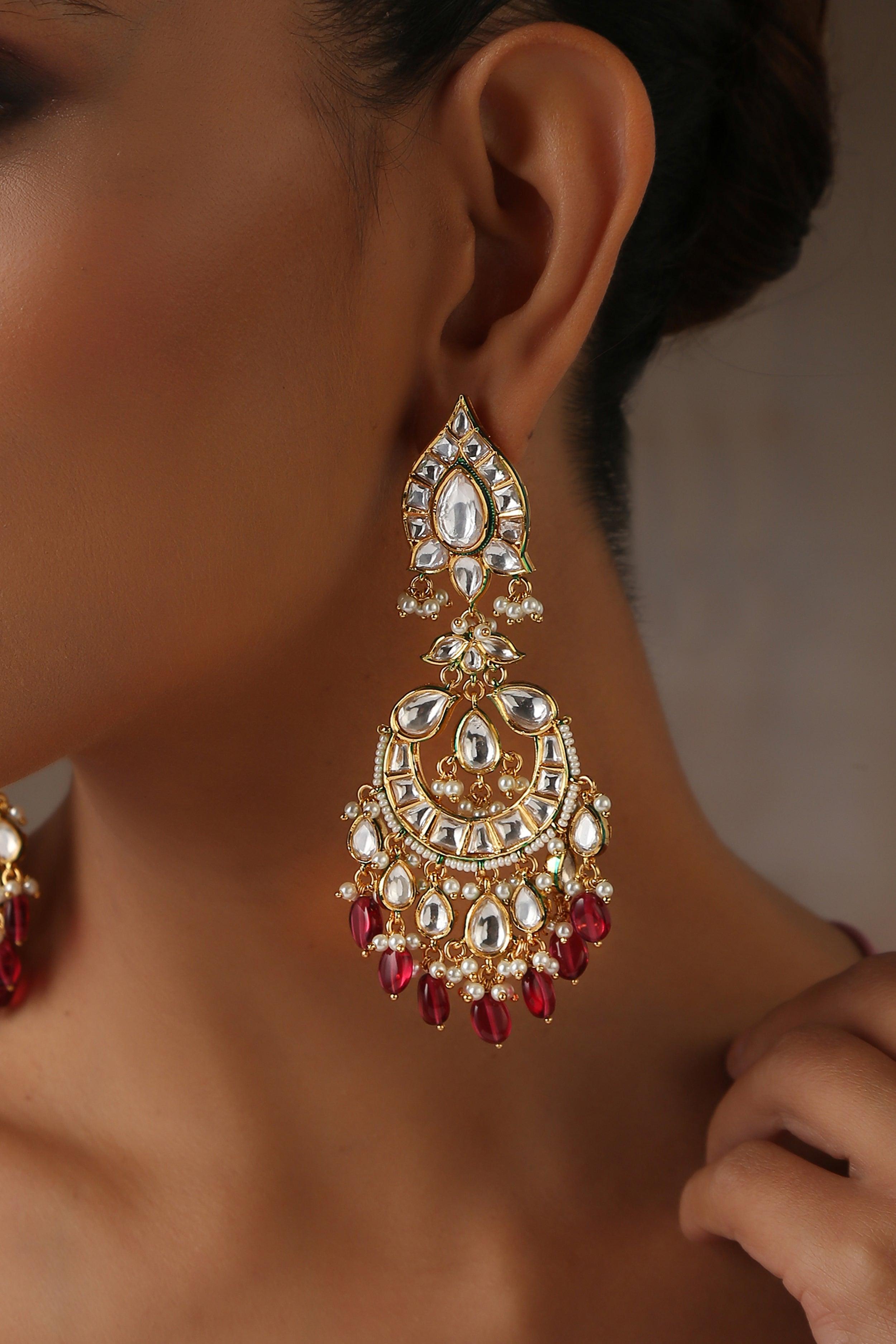 Crimson Sparkle Moissanite Chandbali Earrings - Dyulokha