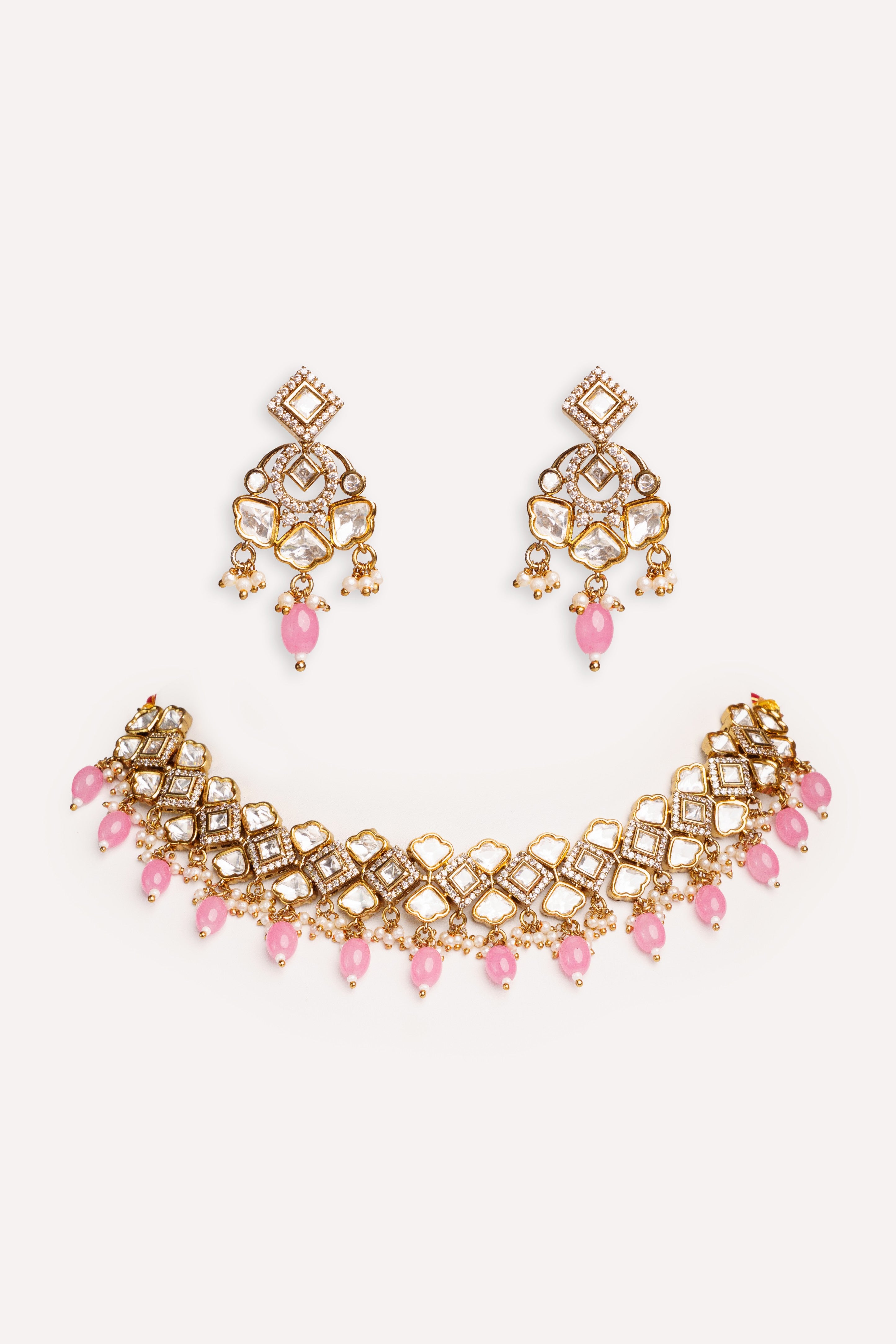 Pink & White Kundan Bead Choker Necklace