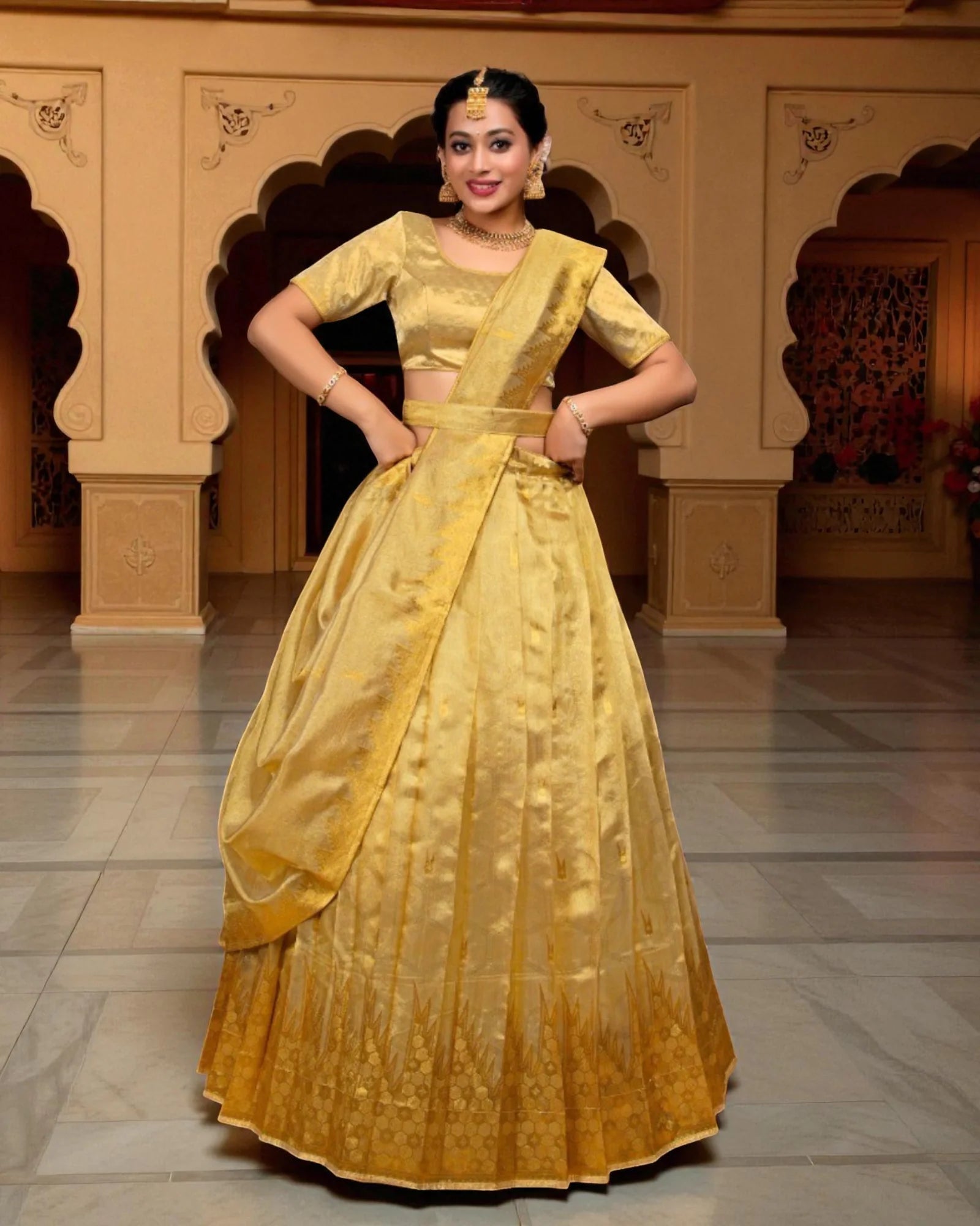 Semi Stitched Gold Zari Half Saree