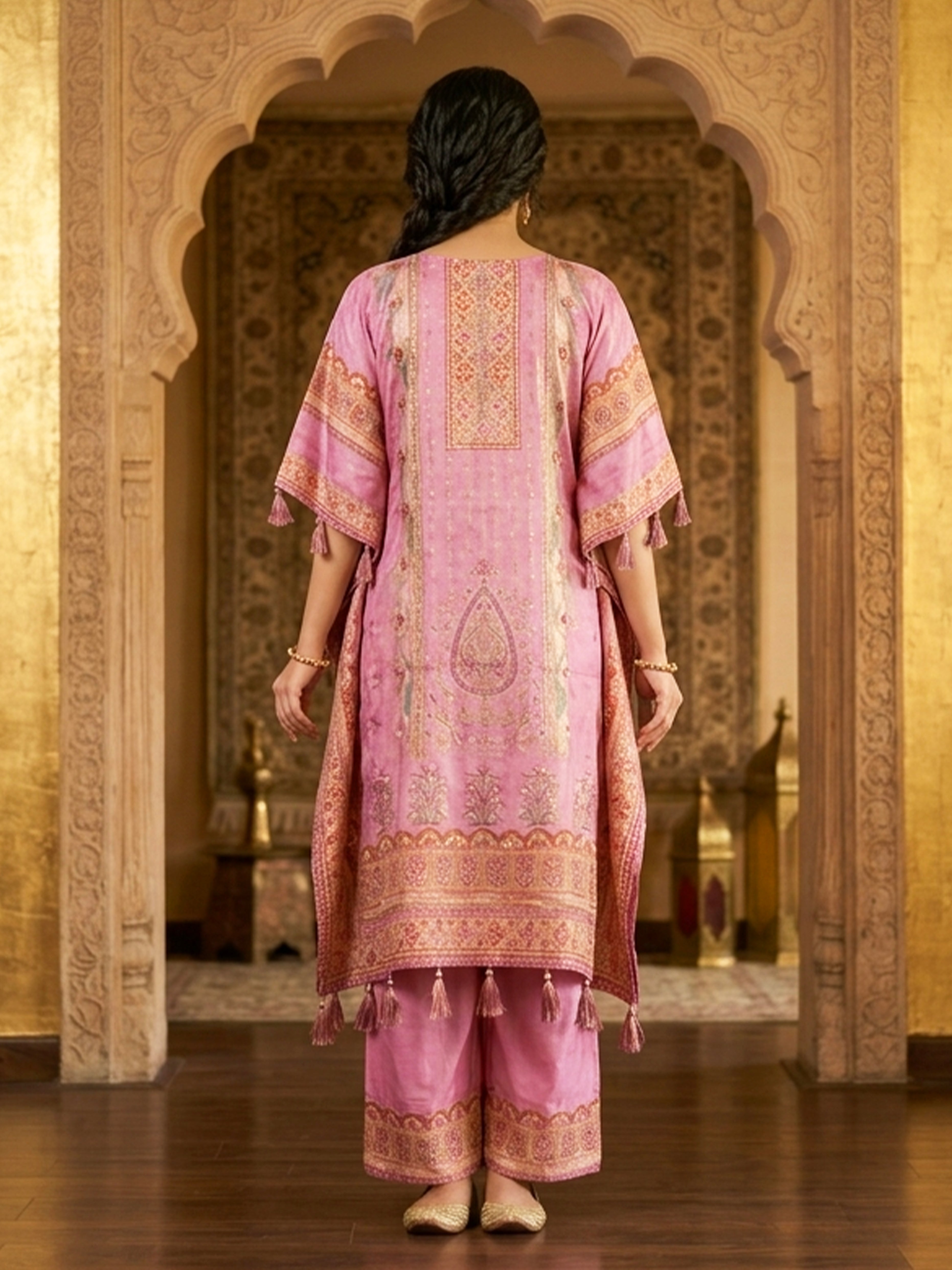 Embroidered Silk Kaftan With Floral Palazzo Set