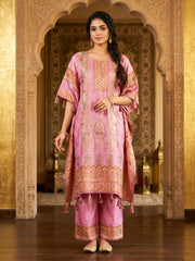 Embroidered Silk Kaftan With Floral Palazzo Set