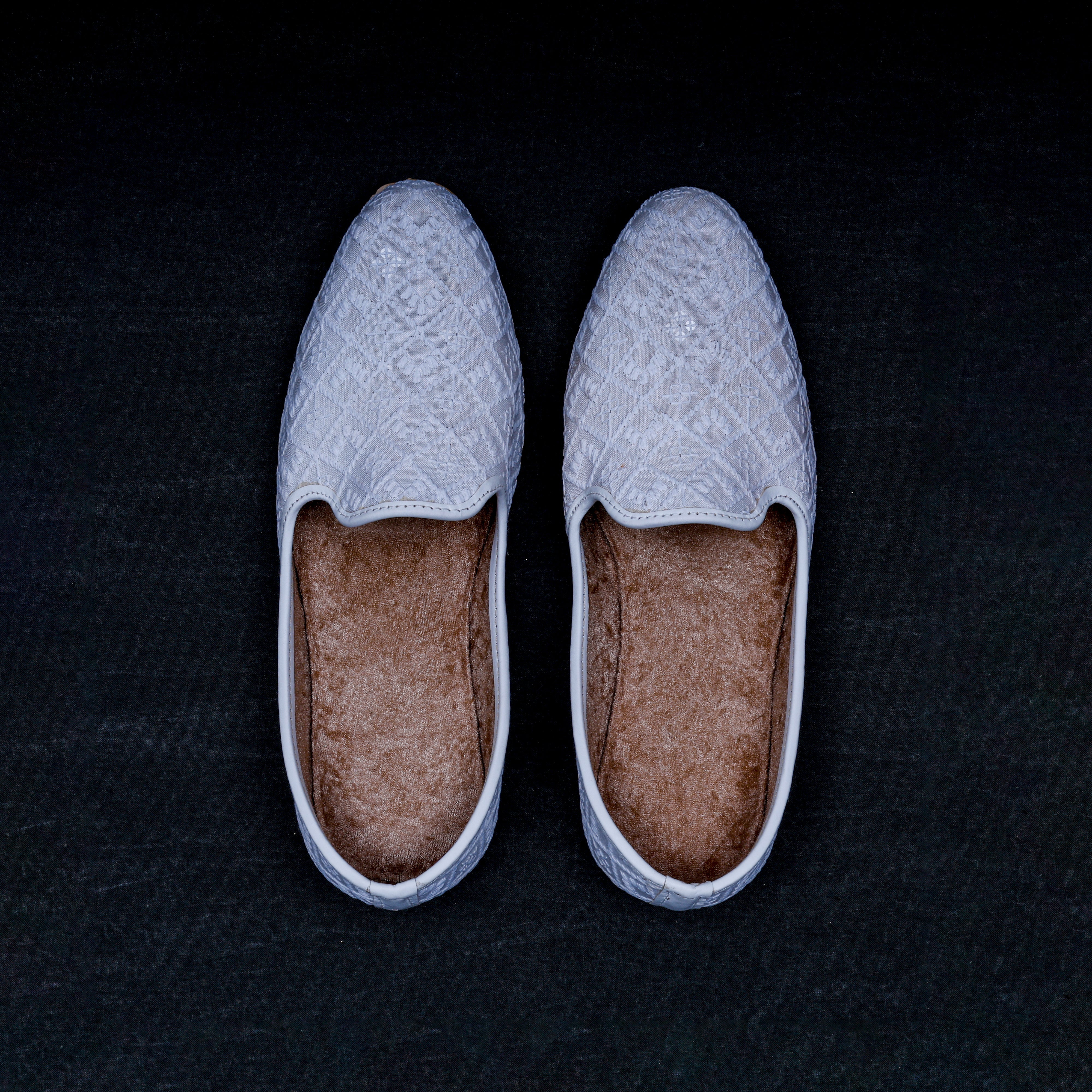 White Textured Almond Fabric Jutti