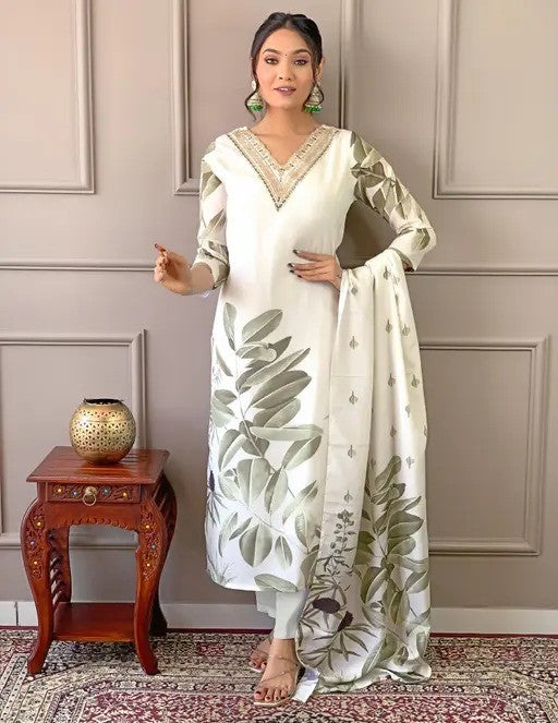 White Chanderi Silk Embroidered Kurta Set