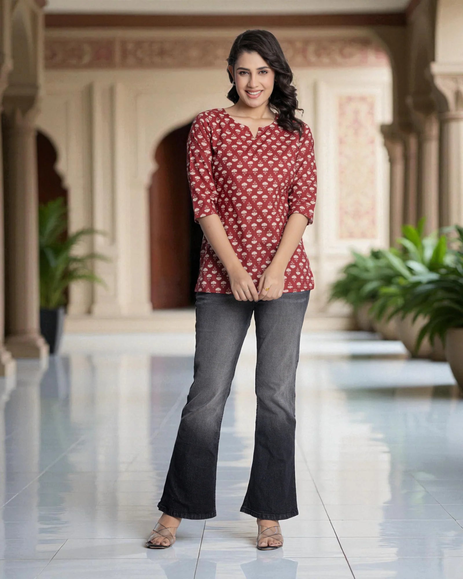 Maroon Floral Printed Kurta