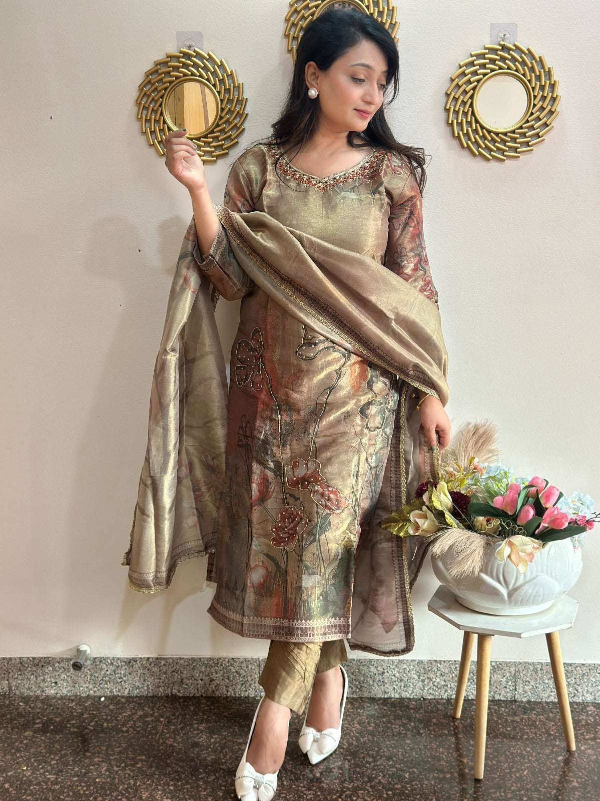 Golden Brown Beaded Floral Tissue Kurta Set