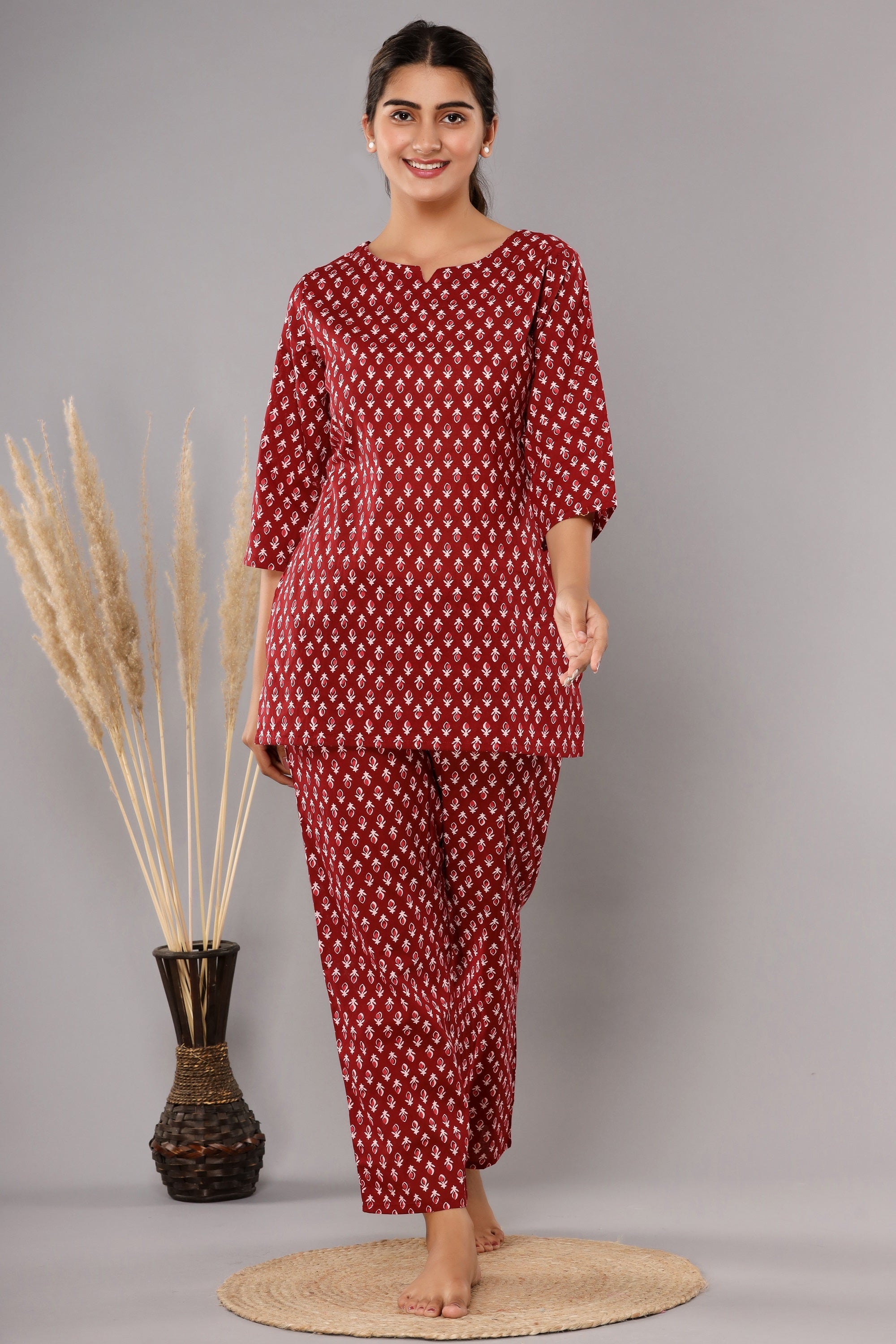 Maroon Floral Printed Cotton Night Suit