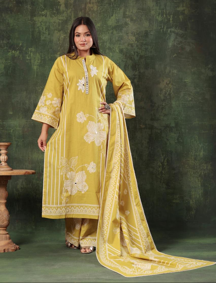 Beige Cotton Mirror Embroidered Kurta Set