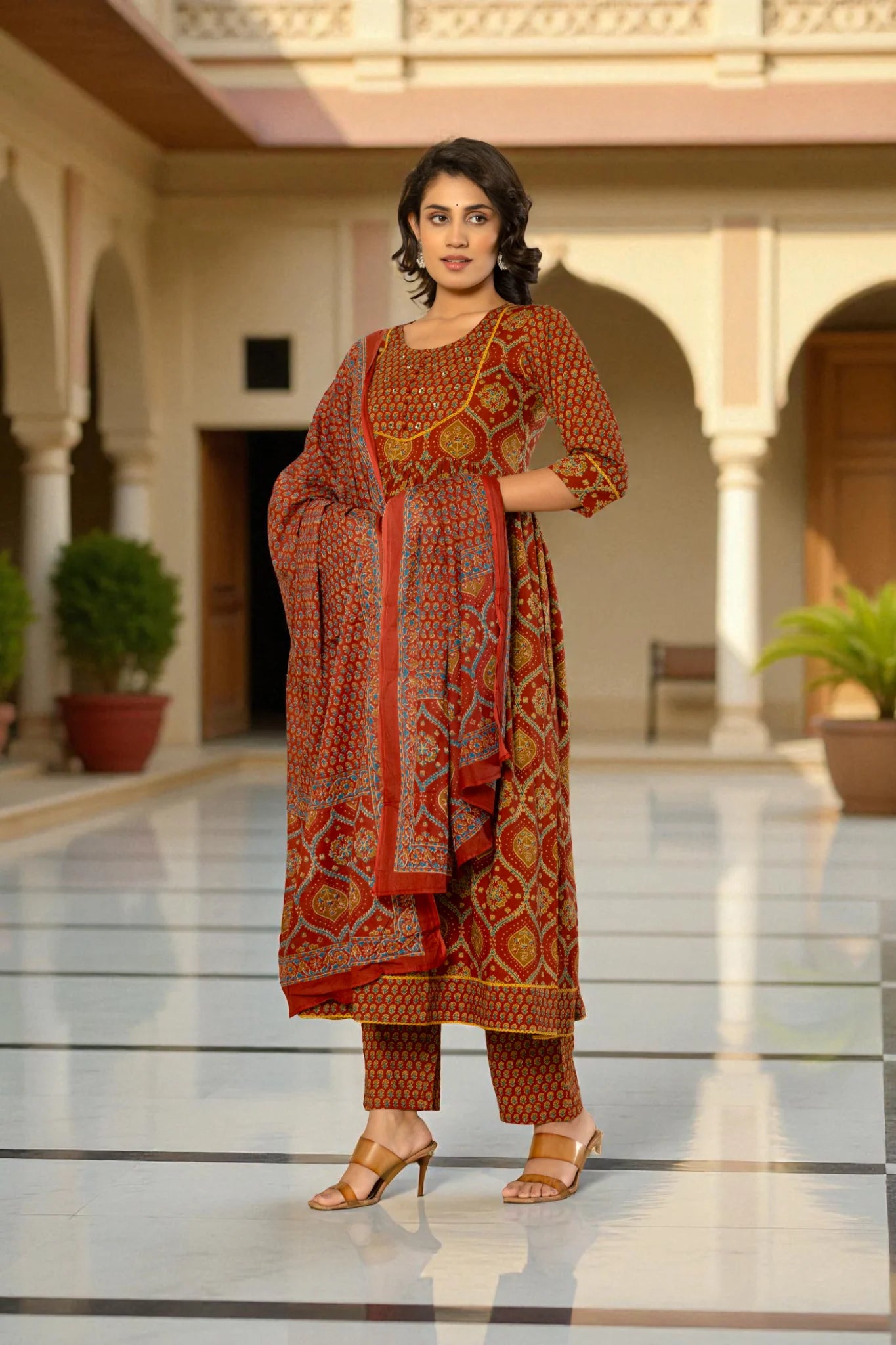 Floral Yoke Kurta Set with Printed Dupatta