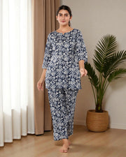 Dark Blue Floral Printed Cotton Night Suit