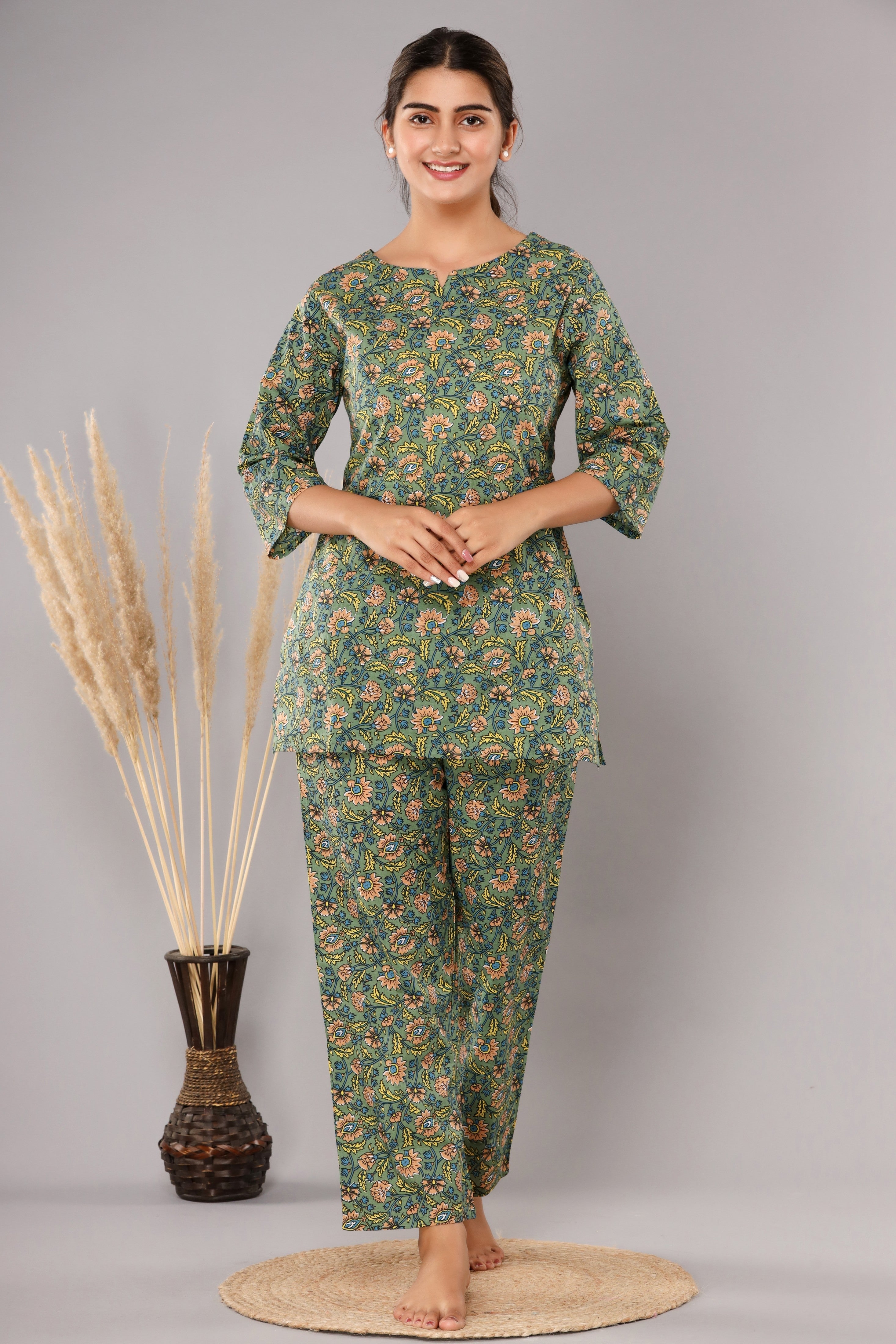Mehendi Green Floral Cotton Night Suit
