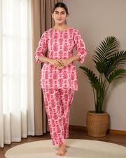 Pink Floral Cotton Night Suit