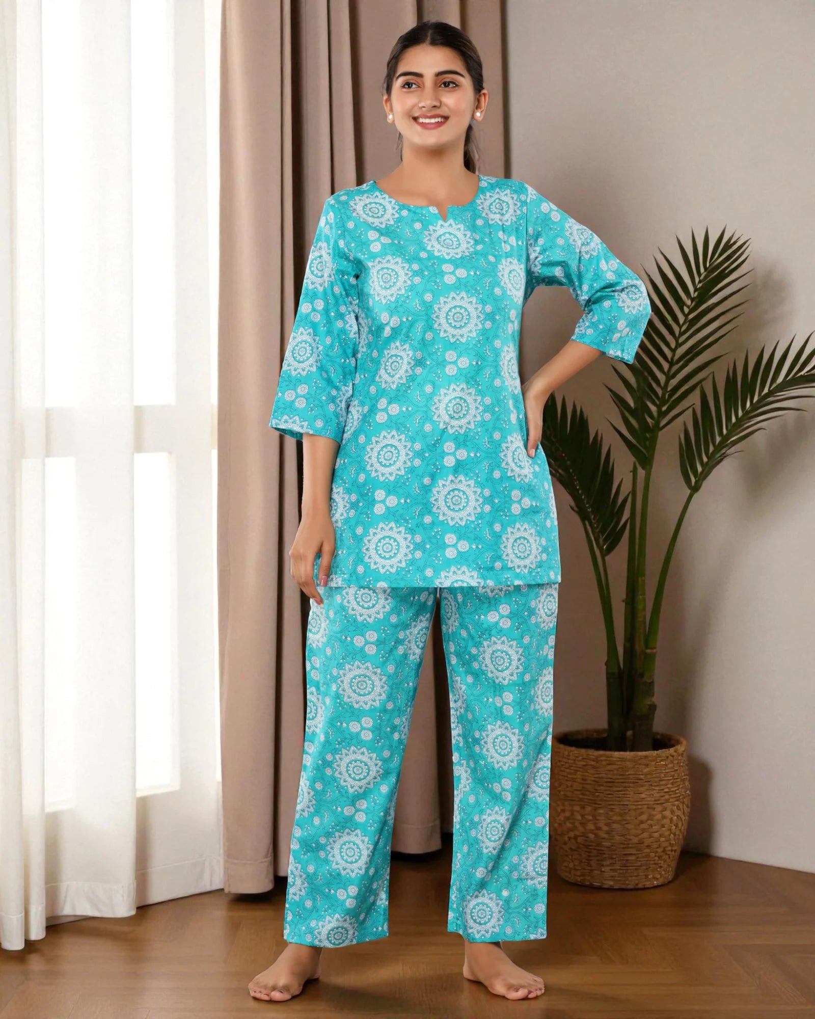 Turquoise Floral Printed Cotton Night Suit