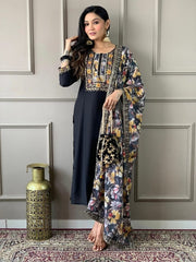 Black Chanderi Silk Floral Kurta Set