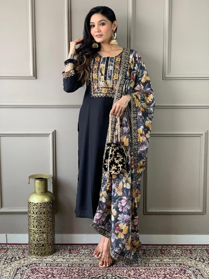 Black Chanderi Silk Floral Kurta Set