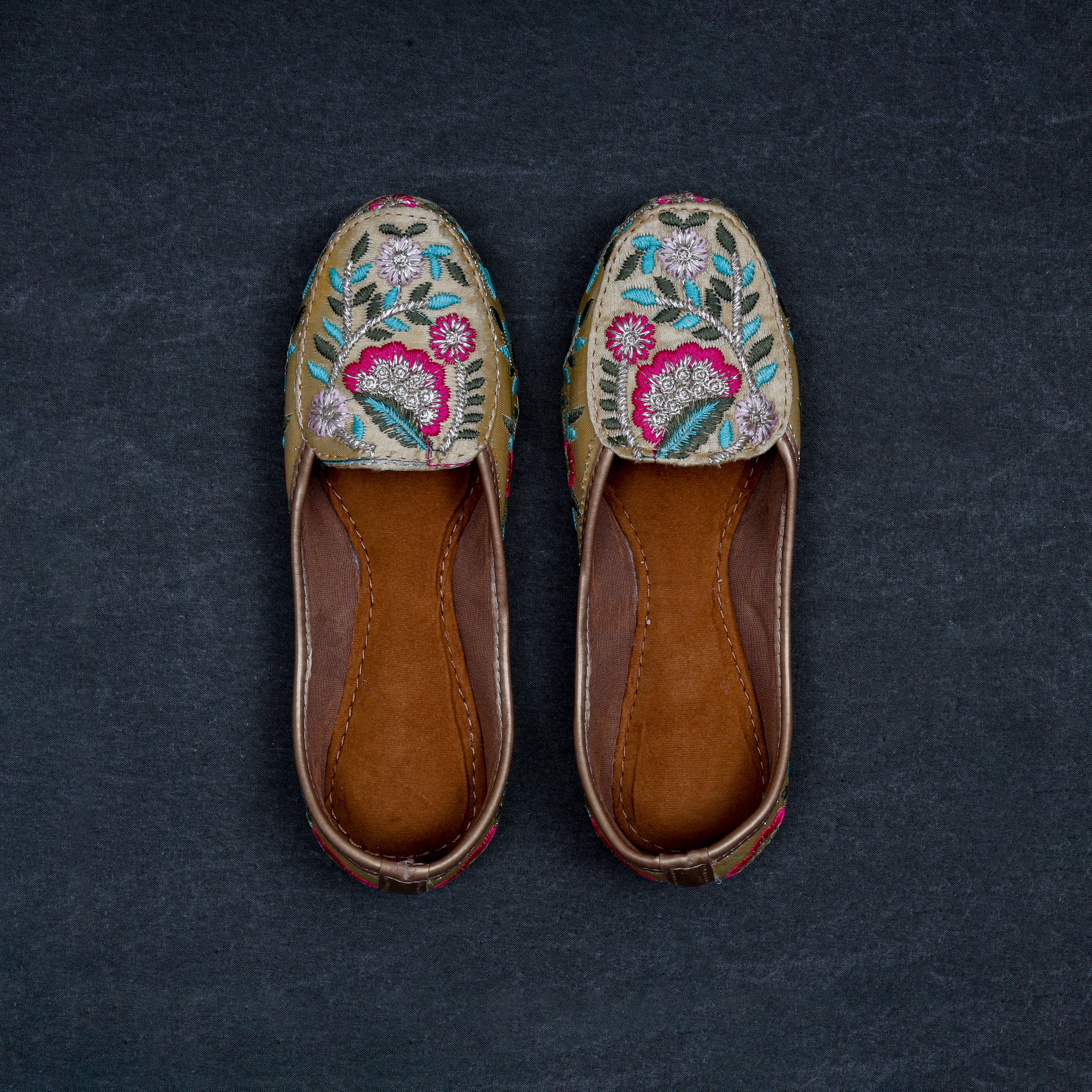 Gold Two Tone Fabric Ethnic Loafers