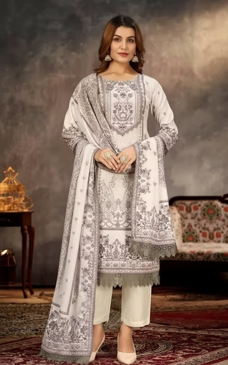 Cream Silk Embroidered Three Piece Pakistani Suit