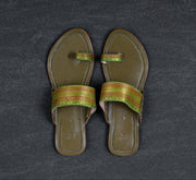 Olive Green Artisan Leather Open Toe Flats