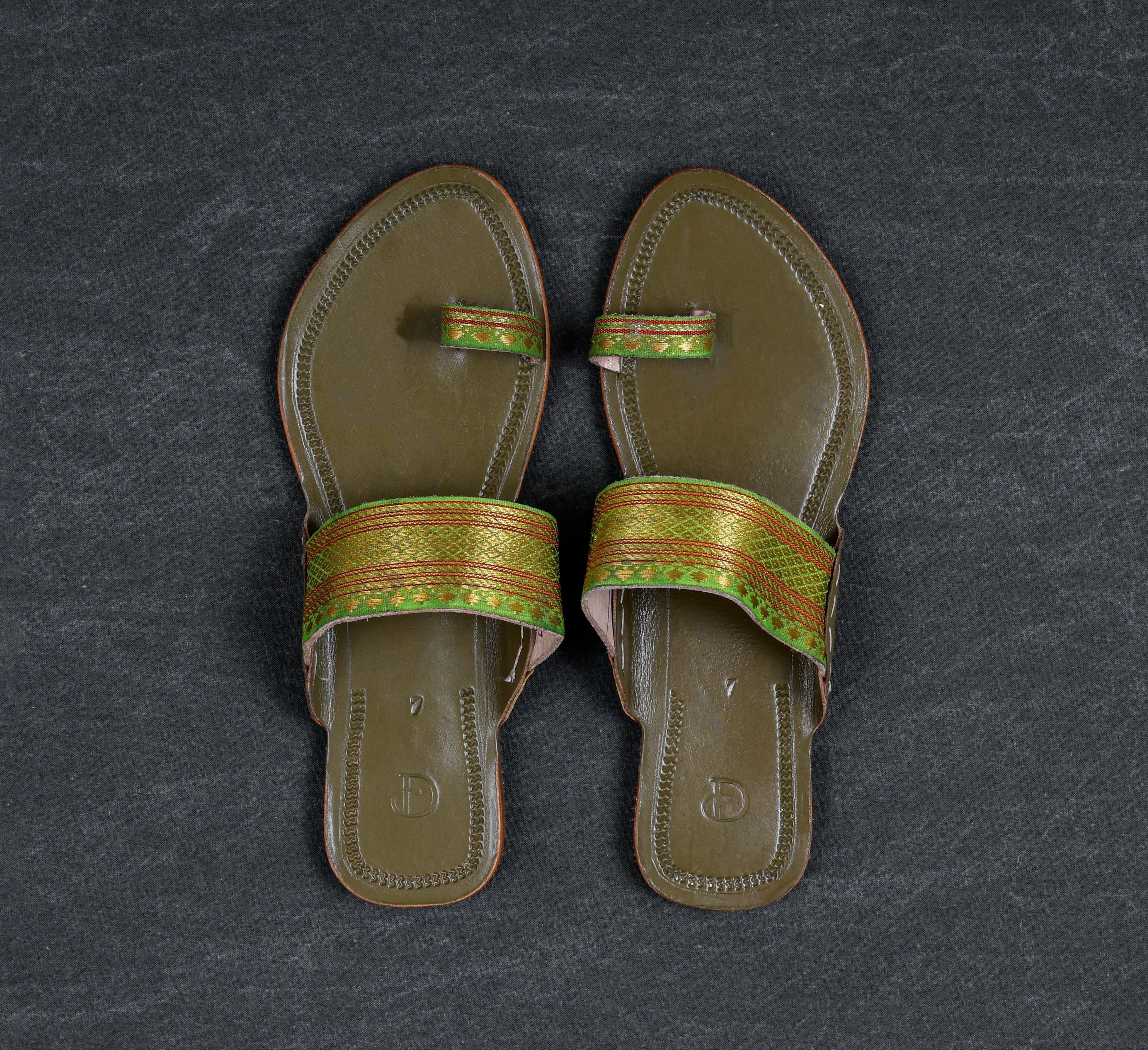 Olive Green Artisan Leather Open Toe Flats
