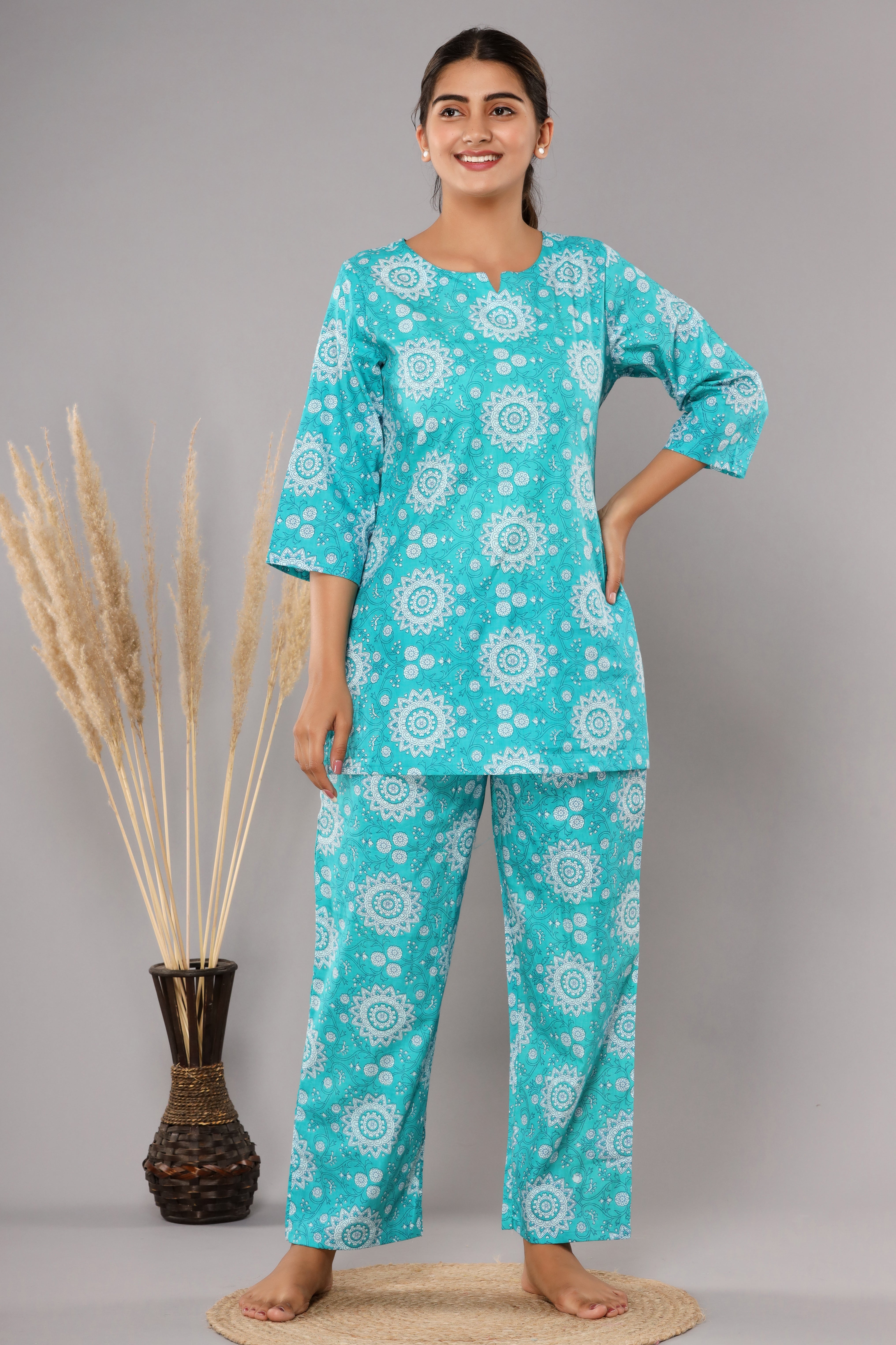 Turquoise Floral Printed Cotton Night Suit