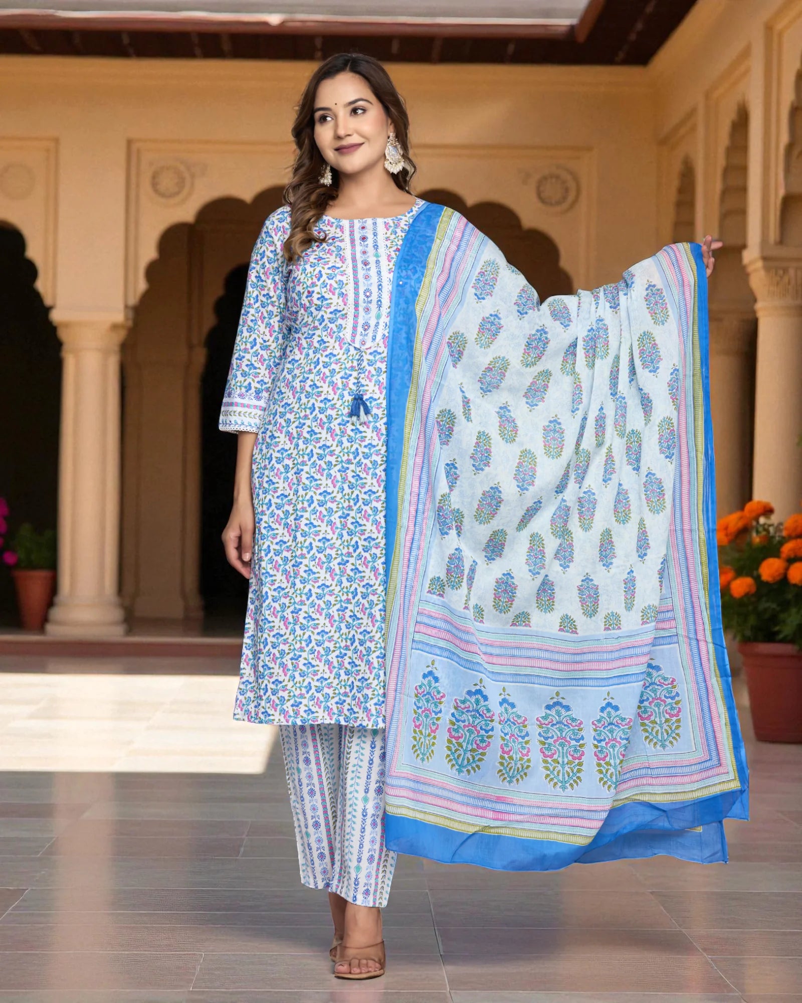 Floral Printed Cotton Kurta Set With Scarf