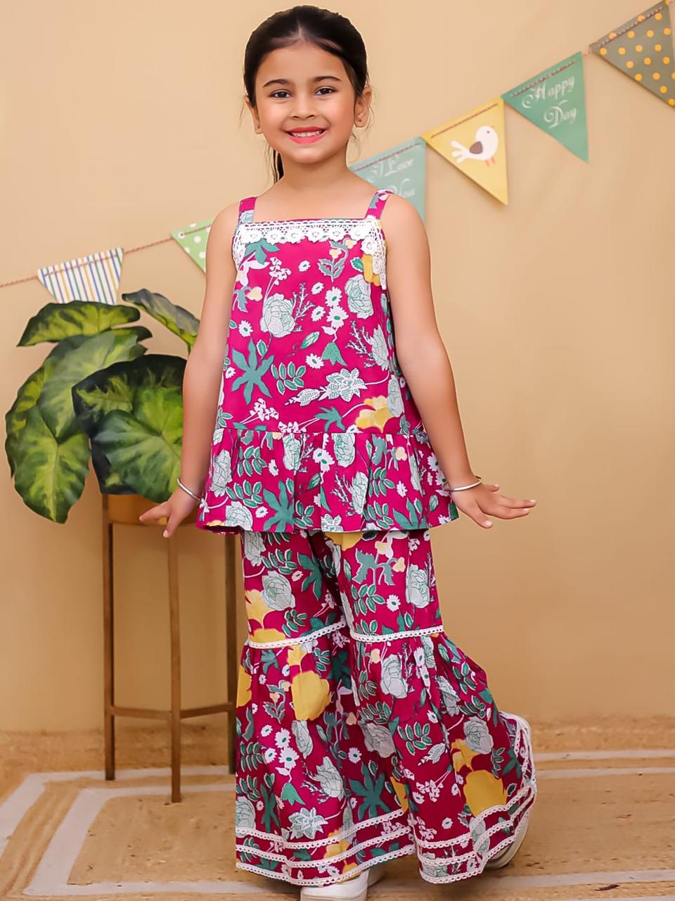 Floral Lace Ruffled Cotton Palazzo Suit