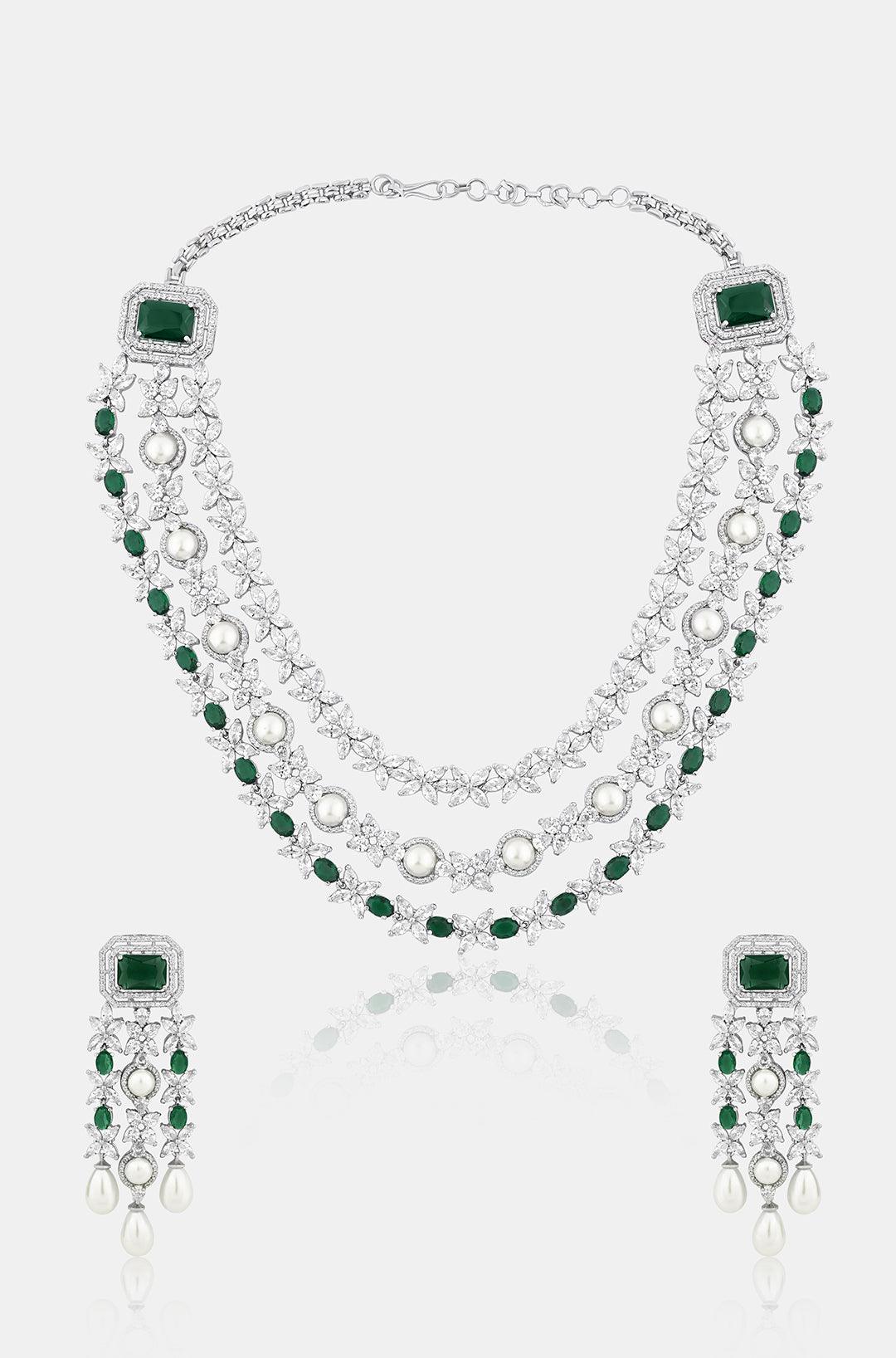 Emerald Elegance Layered Diamond Necklace Set - Dyulokha