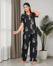 Black Floral Printed Night Suit