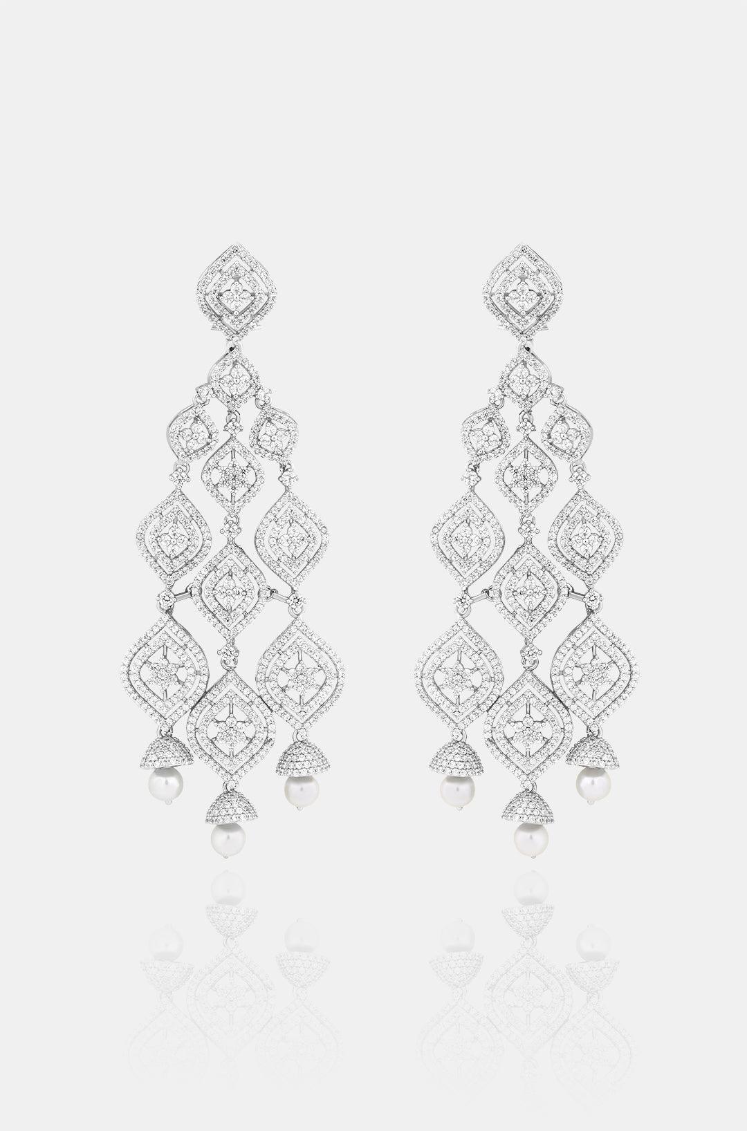Pearl Dropped Long Diamond Earrings - Dyulokha