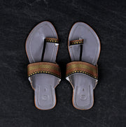 Grey Leather Slip On Kolhapuri Flats