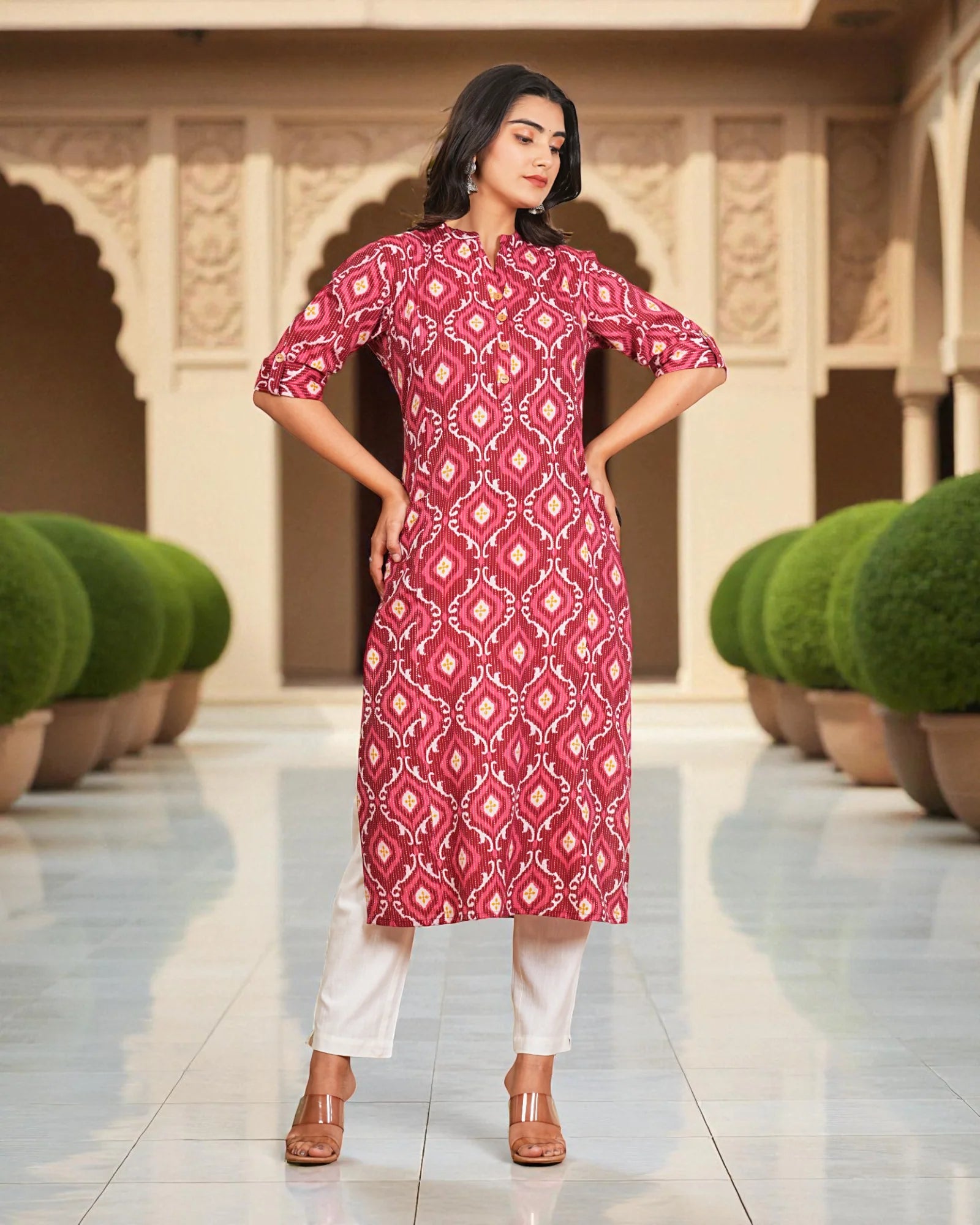 Maroon Cotton Geometric Floral Kurta