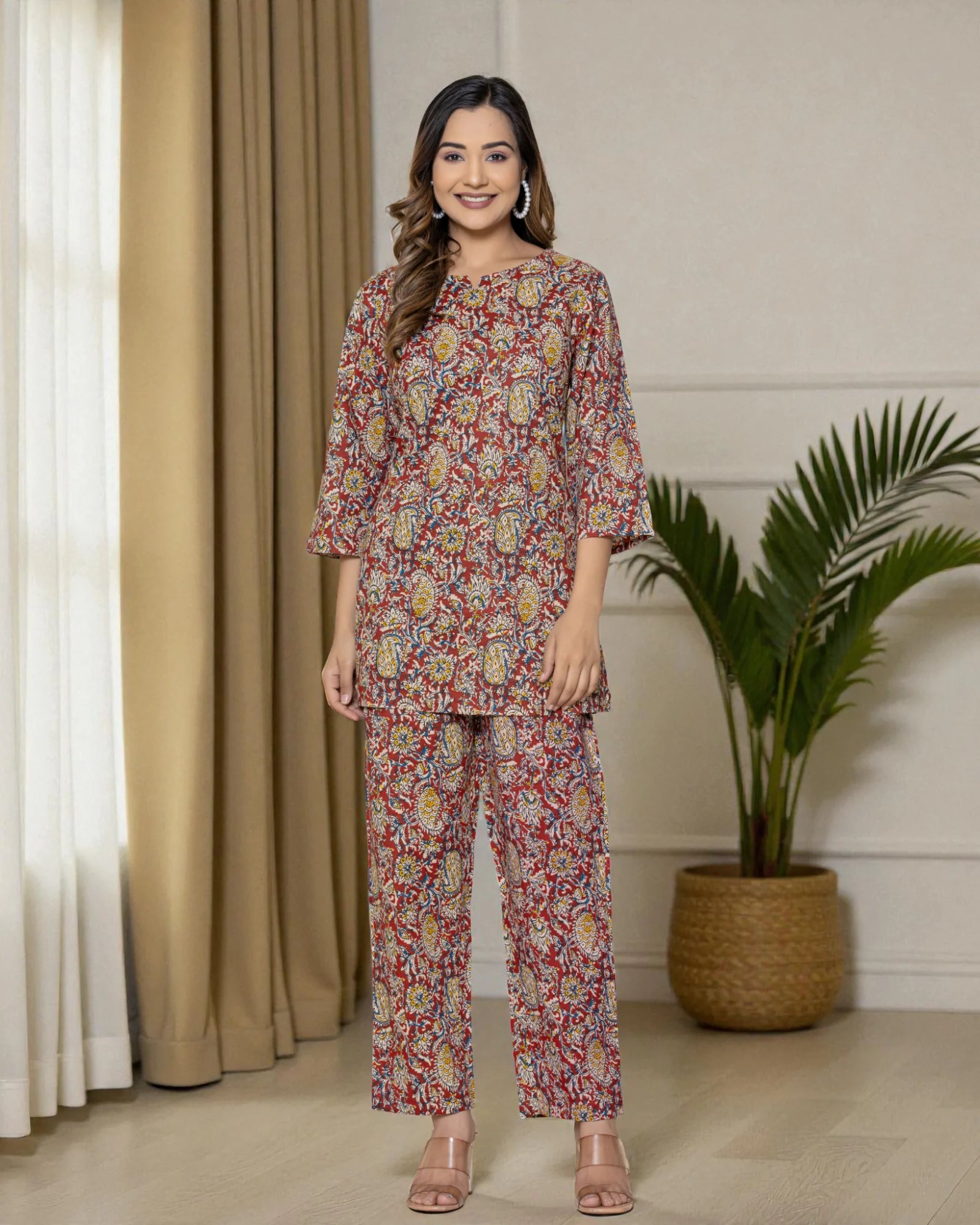 Brown Floral Cotton Night Suit