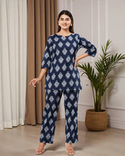 Navy Blue Cotton Printed Night Suit