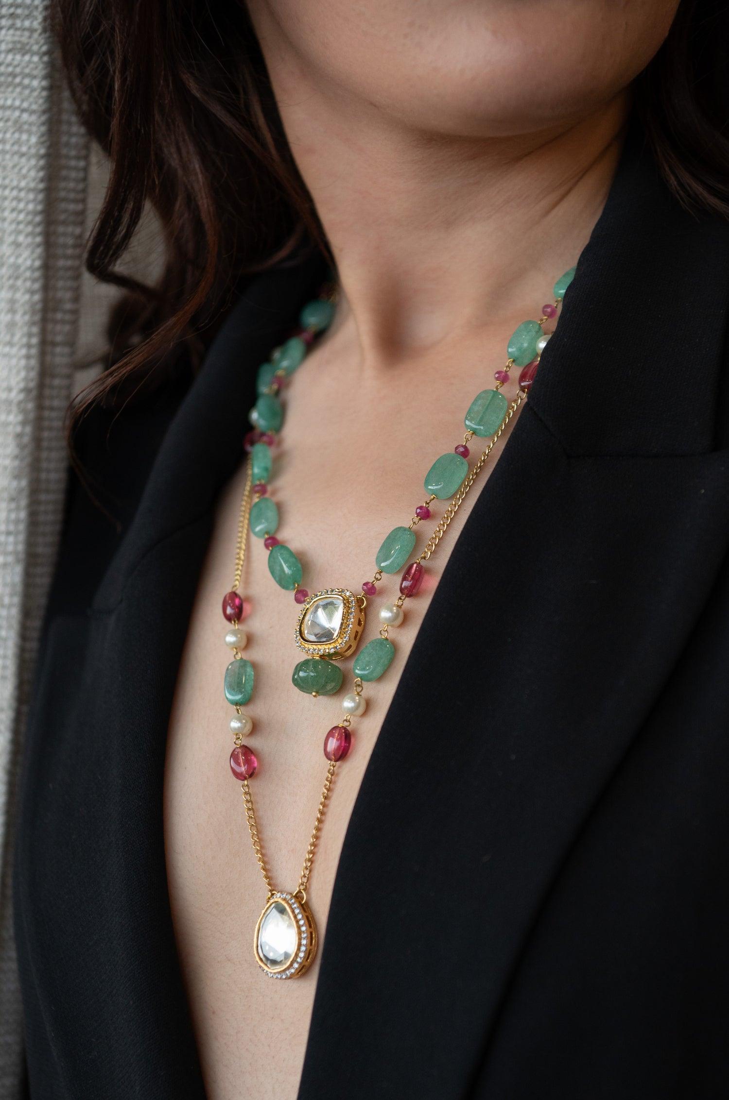 Mint Pearl Polki Pendant Cascade Necklace - Dyulokha