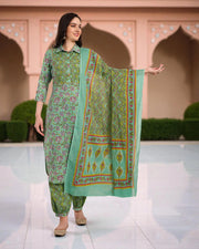 Floral Printed Cotton Kurta Set with Geometric Dupatta