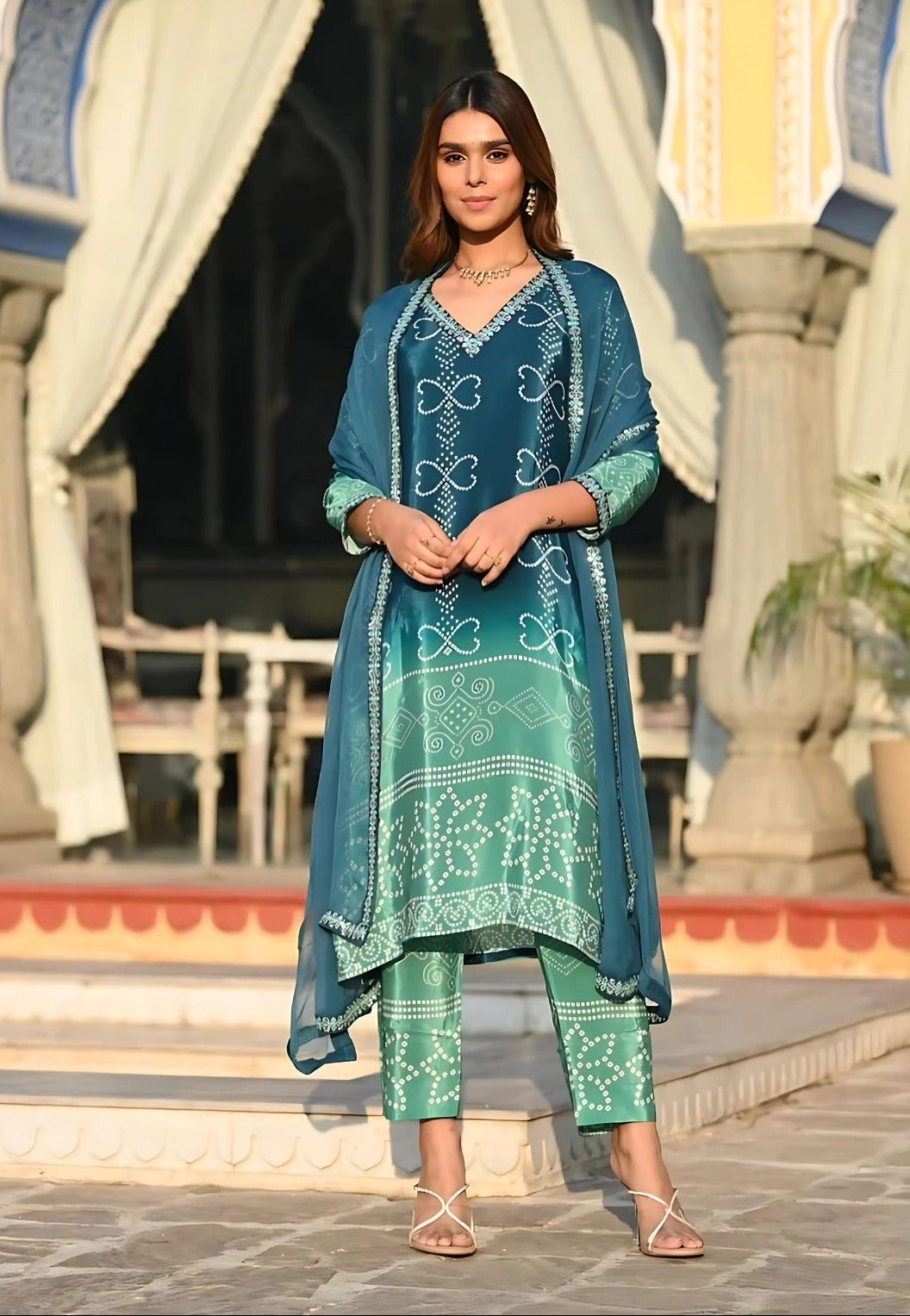 Floral Embroidered Chinon Silk Kurta Set