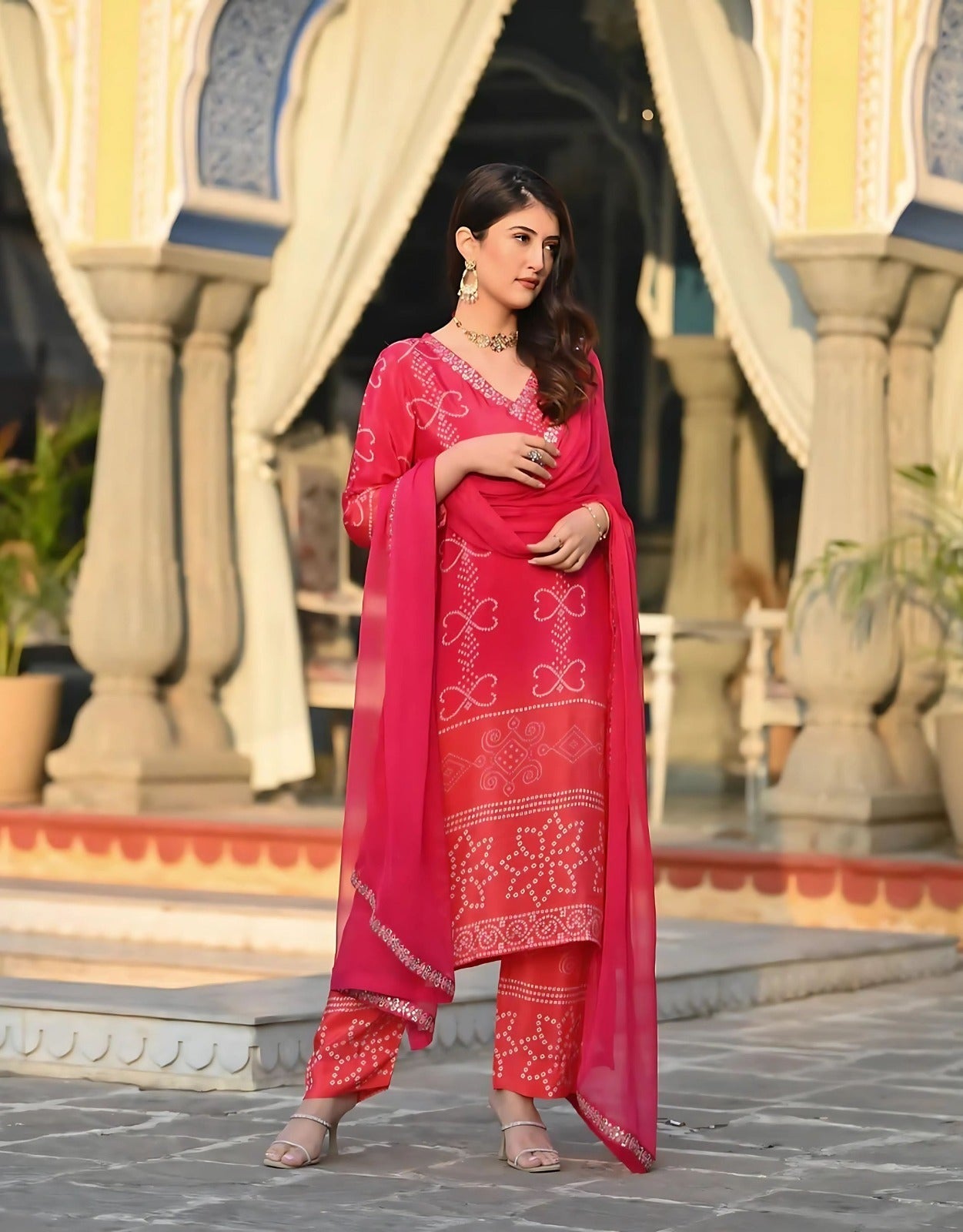 Red Pink Bandhani Chanderi Silk Kurta Set
