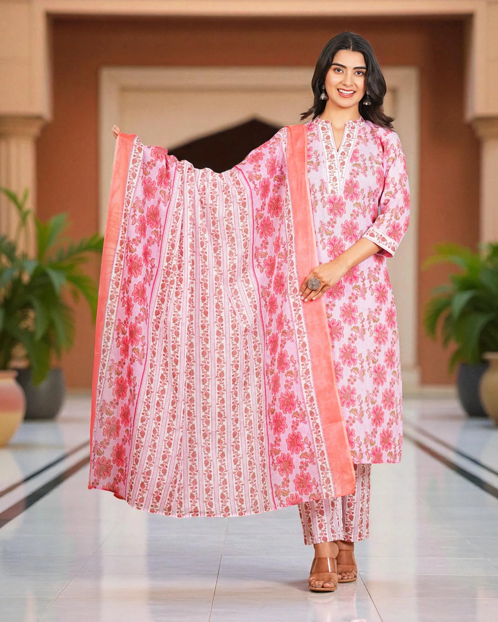 Floral Cotton Kurta Set With Elegant Embroidery