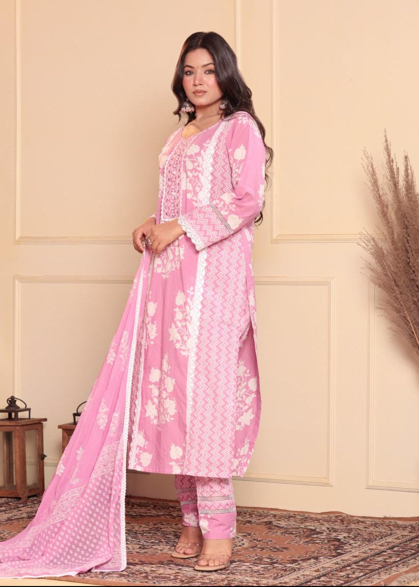 Sequined Cotton Kurta Set with Floral Dupatta