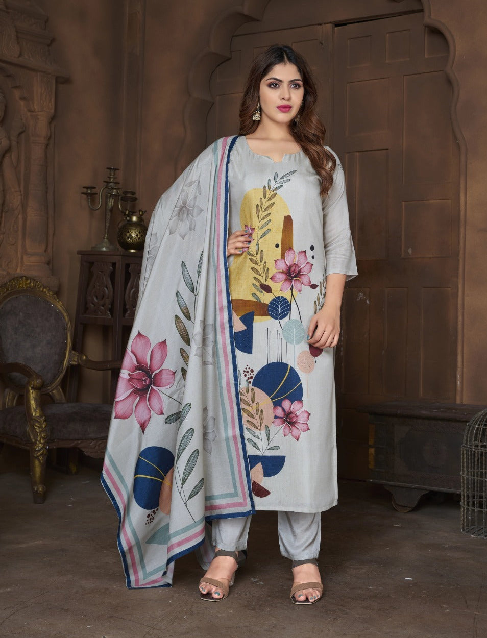 Light Gray Chinon Silk Floral Kurta Set