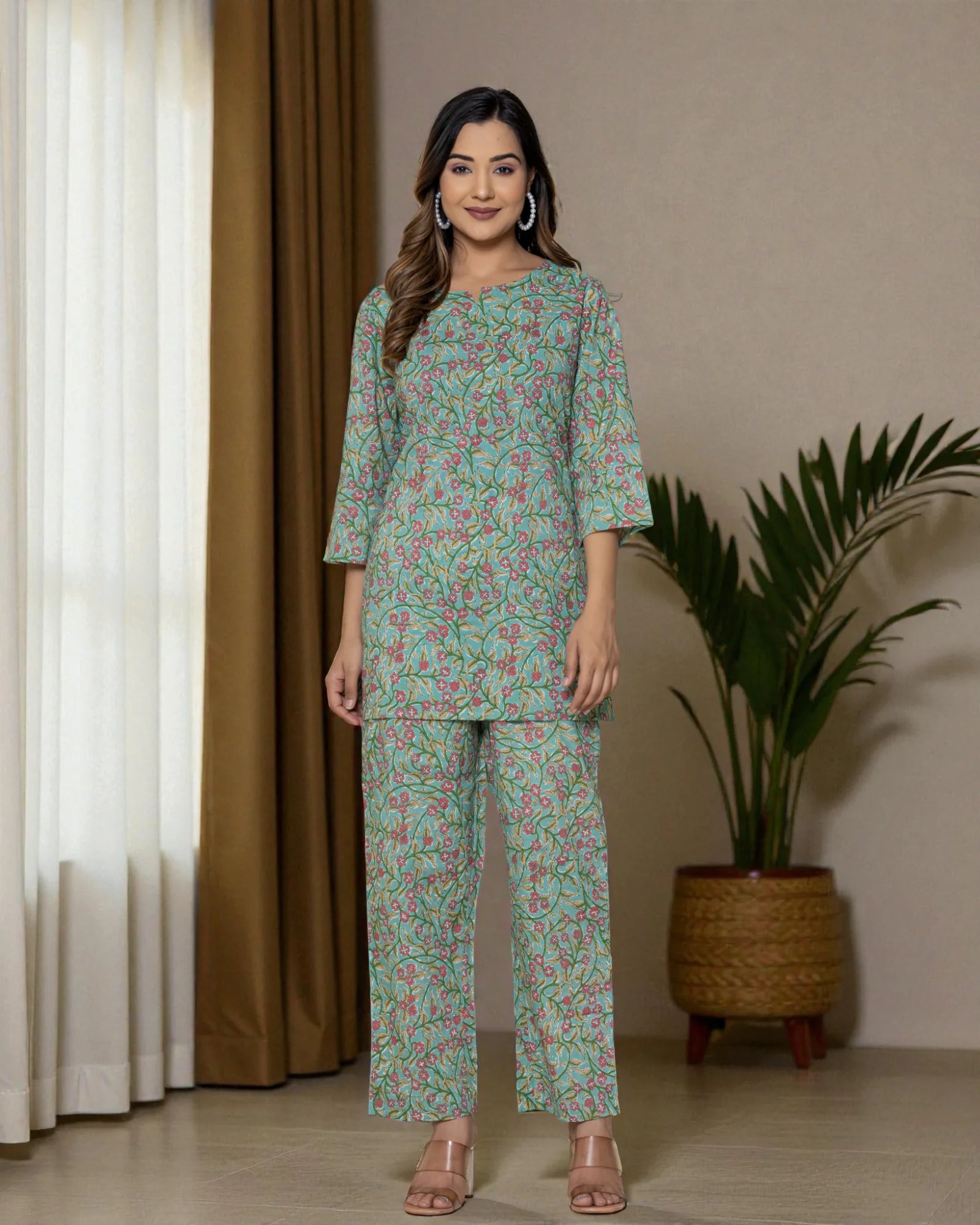 Light Green Floral Printed Cotton Night Suit