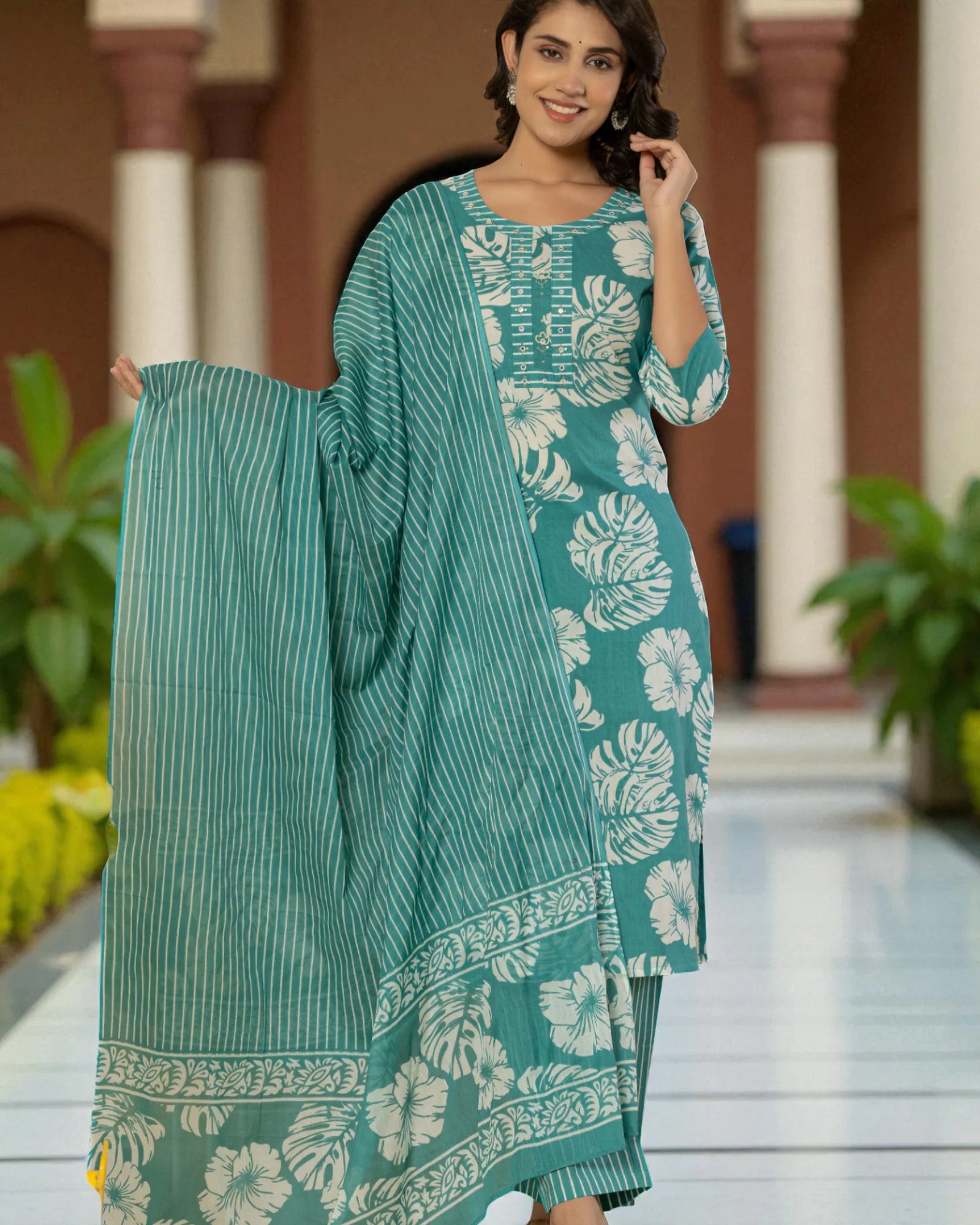Floral Cotton Kurta Set With Dupatta