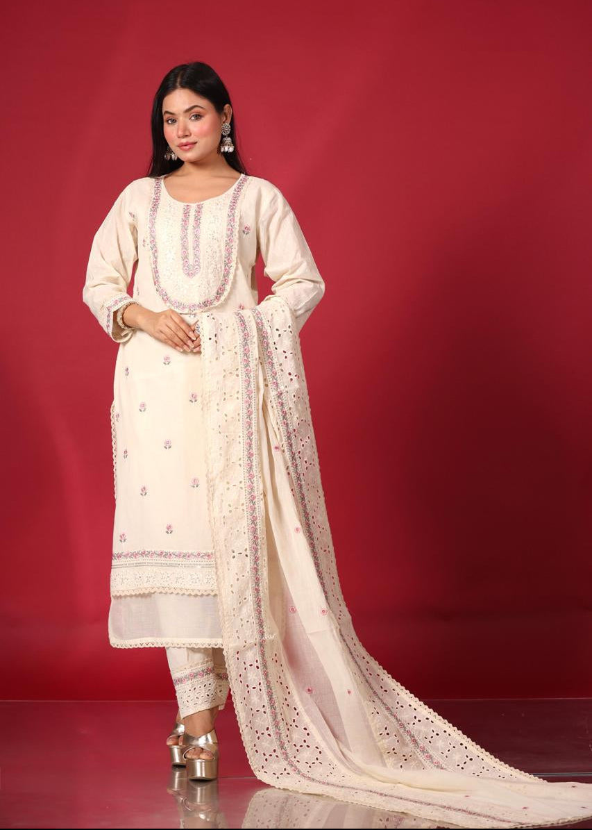 White Cotton Chikankari Embroidered Pakistani Suit